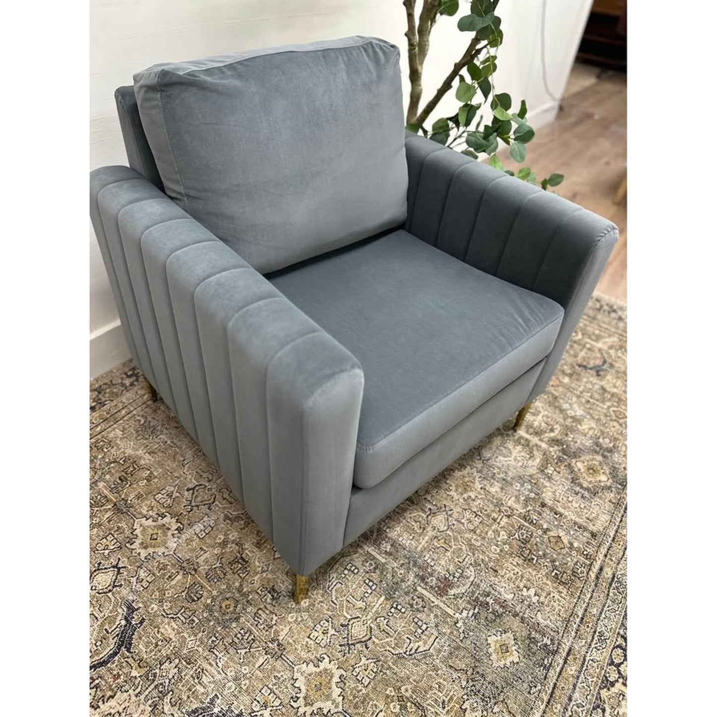 Jupiter Club Chair-GREY Armchair Gold Legs  Velvet Upholstered Channel Tufting Boxy New Karat Home