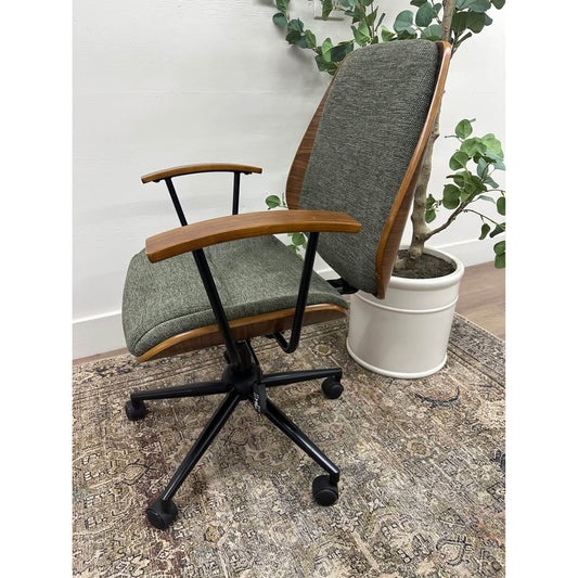Alina Office Chair Adjustable Rolling Wood Arms MCM Style Green Fabric NEW