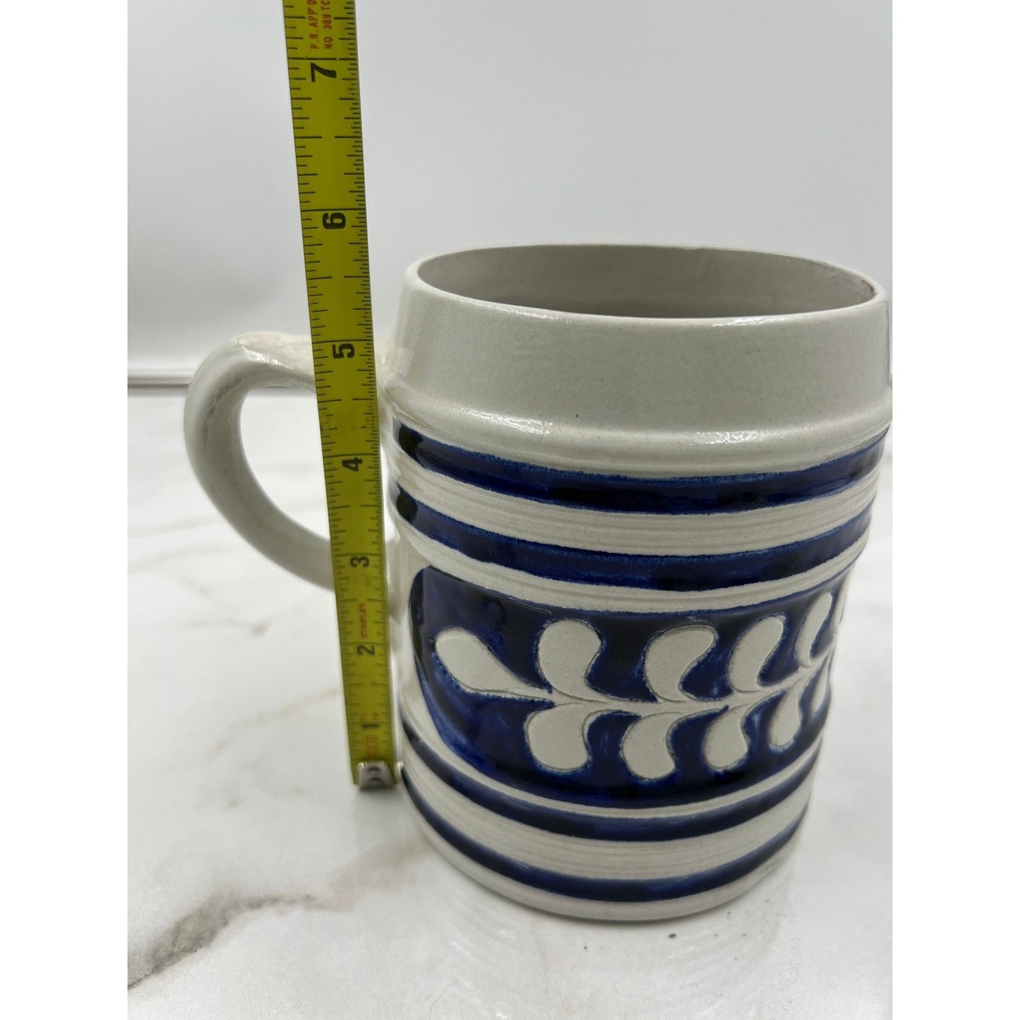 Vintage Salt Glazed Stoneware Beer Stein Cobalt Blue Leaf Pattern Souvenir Mug
