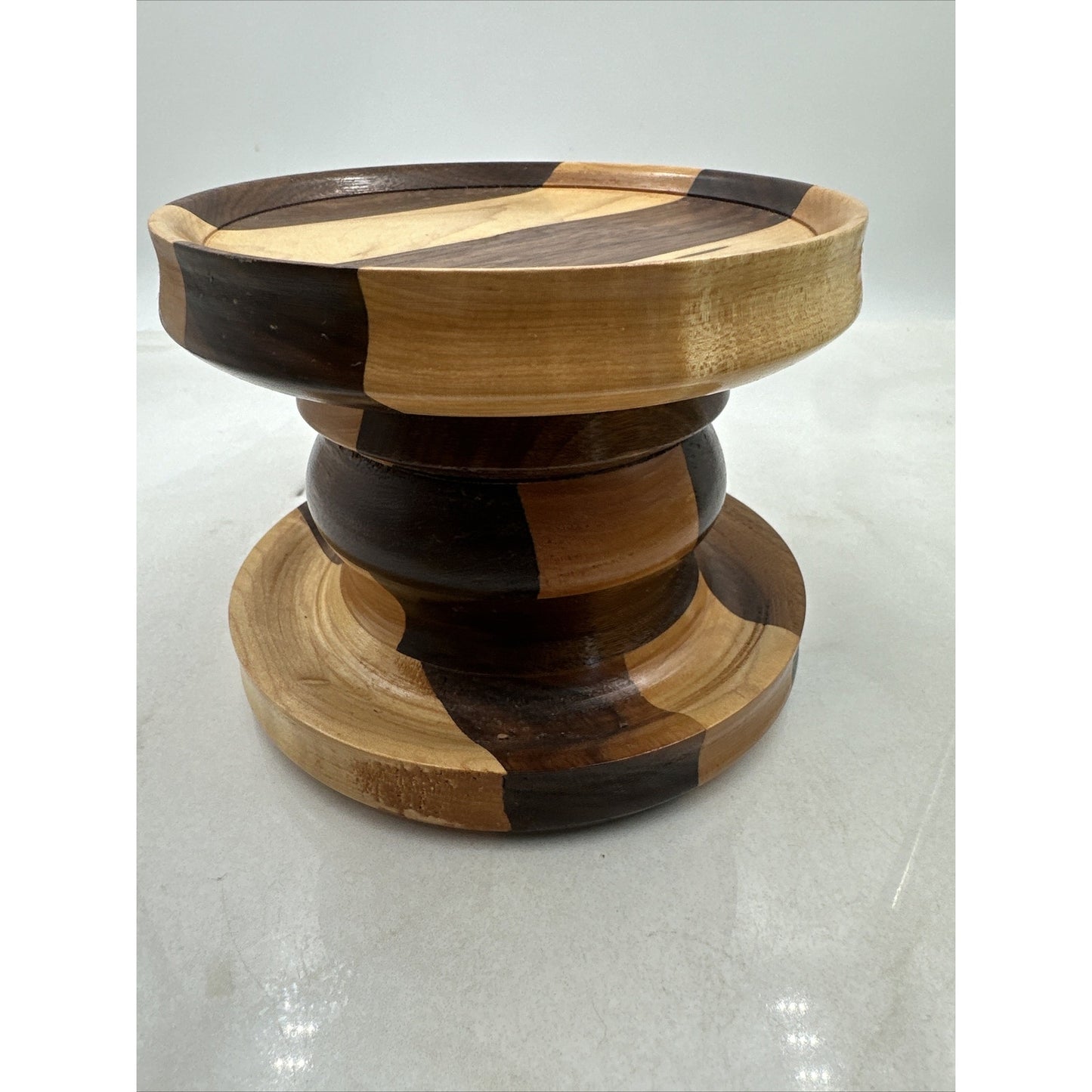 Vintage Wood Pillar Candle Holder Multi Toned Round -5" Tall- 6" Diameter