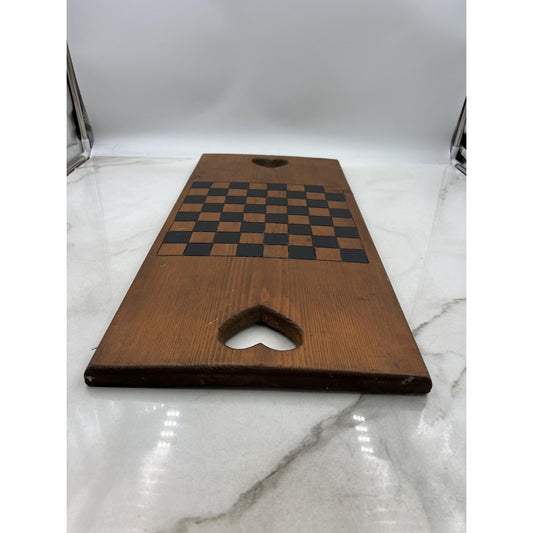 Vintage 1986 Handmade Wood Chess Checker Board Rustic Heart Cutout 24x11 Decor
