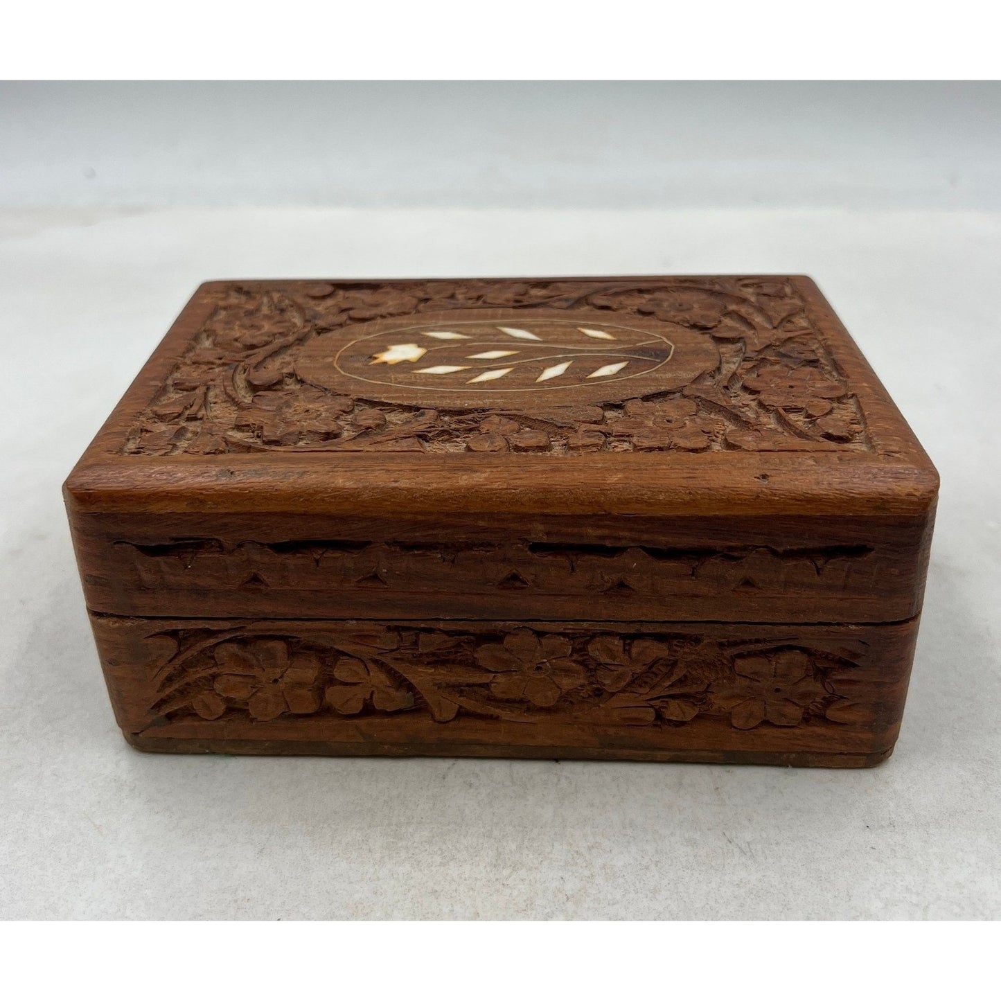Hand Carved Wooden Jewelry Box Trinket Keepsake Ornate Floral Inlay