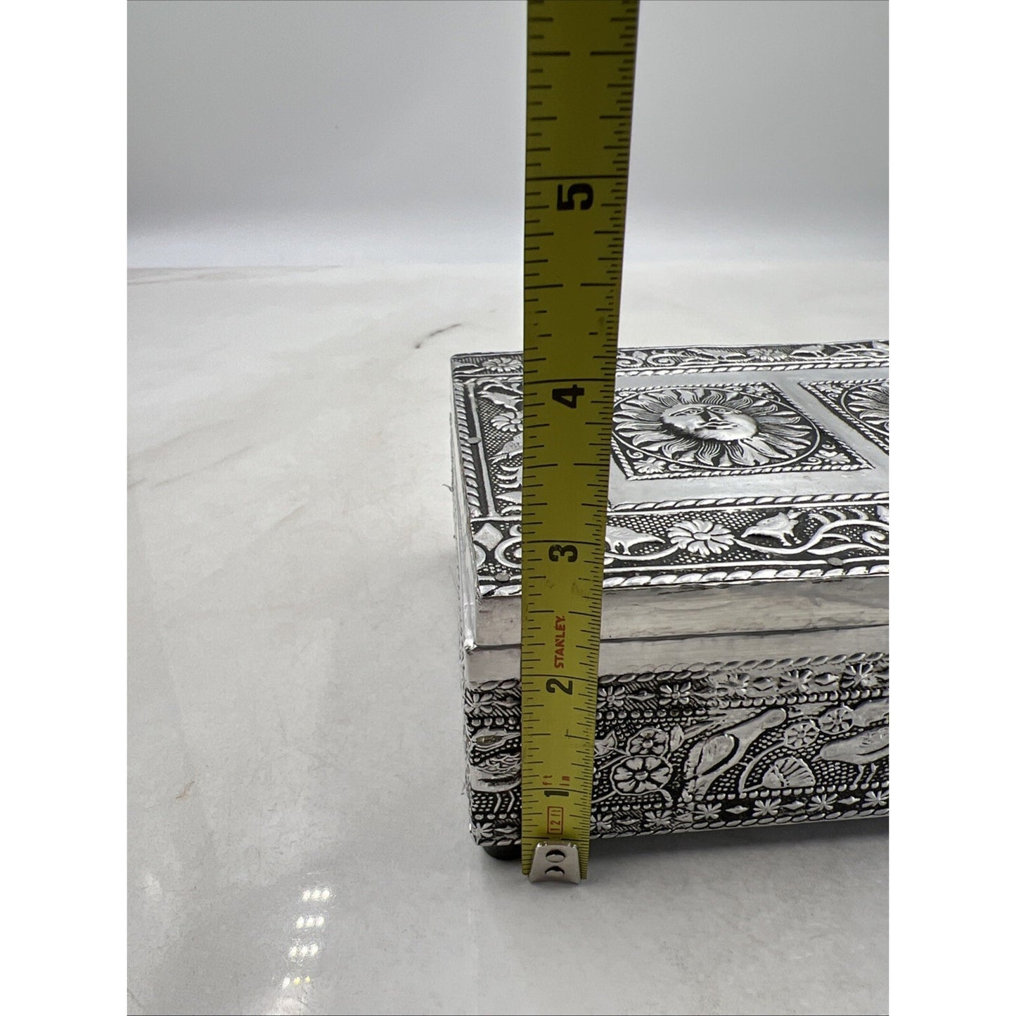 VTG Embossed Trinket Jewelery Box Silver Tone Rectangular Sun Face Birds