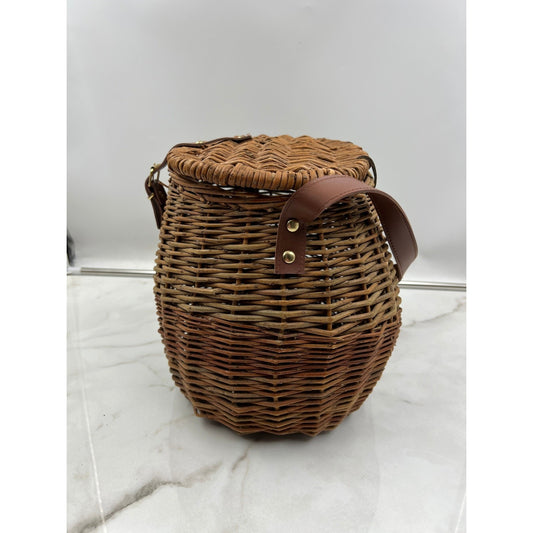 Vintage Wicker Creel Basket Bag Brown Woven Crossbody Picnic Fishing Bag