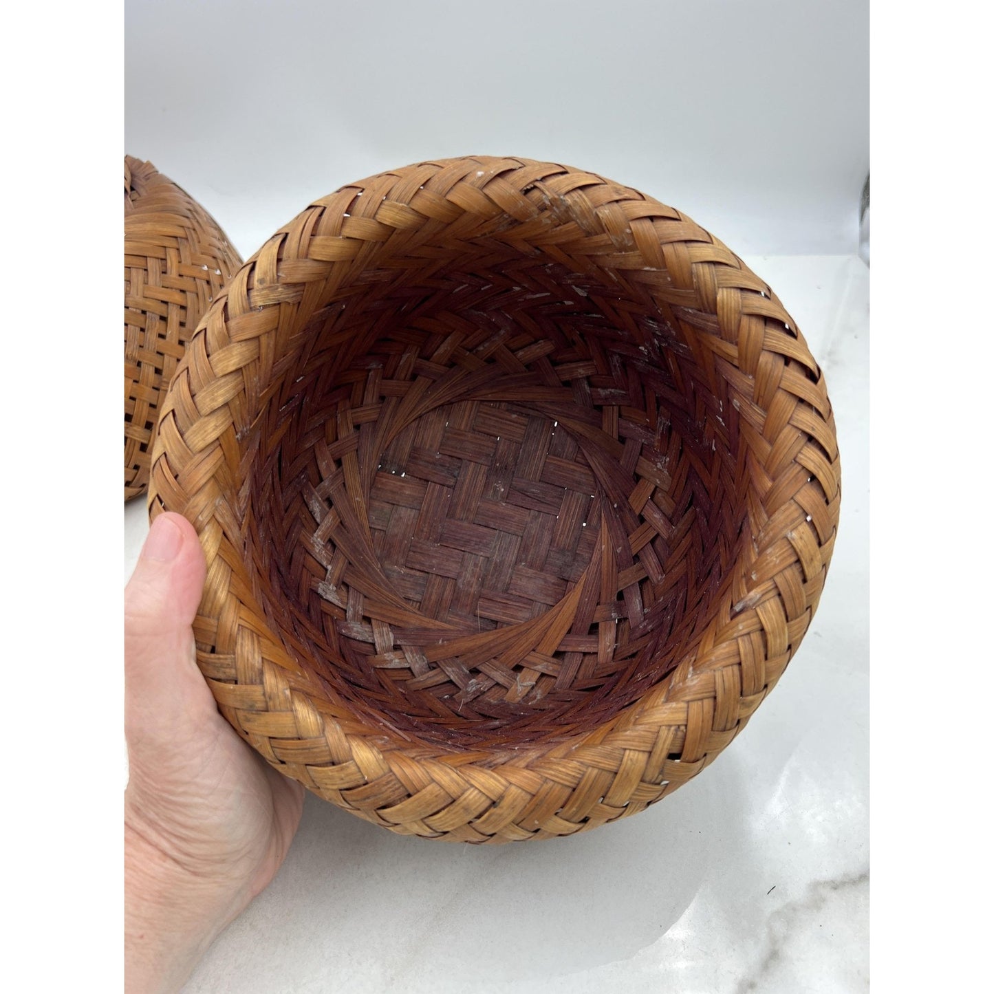 Handwoven Rattan Bamboo Wicker Basket Bowl Set Pair Nesting Boho Decor Round