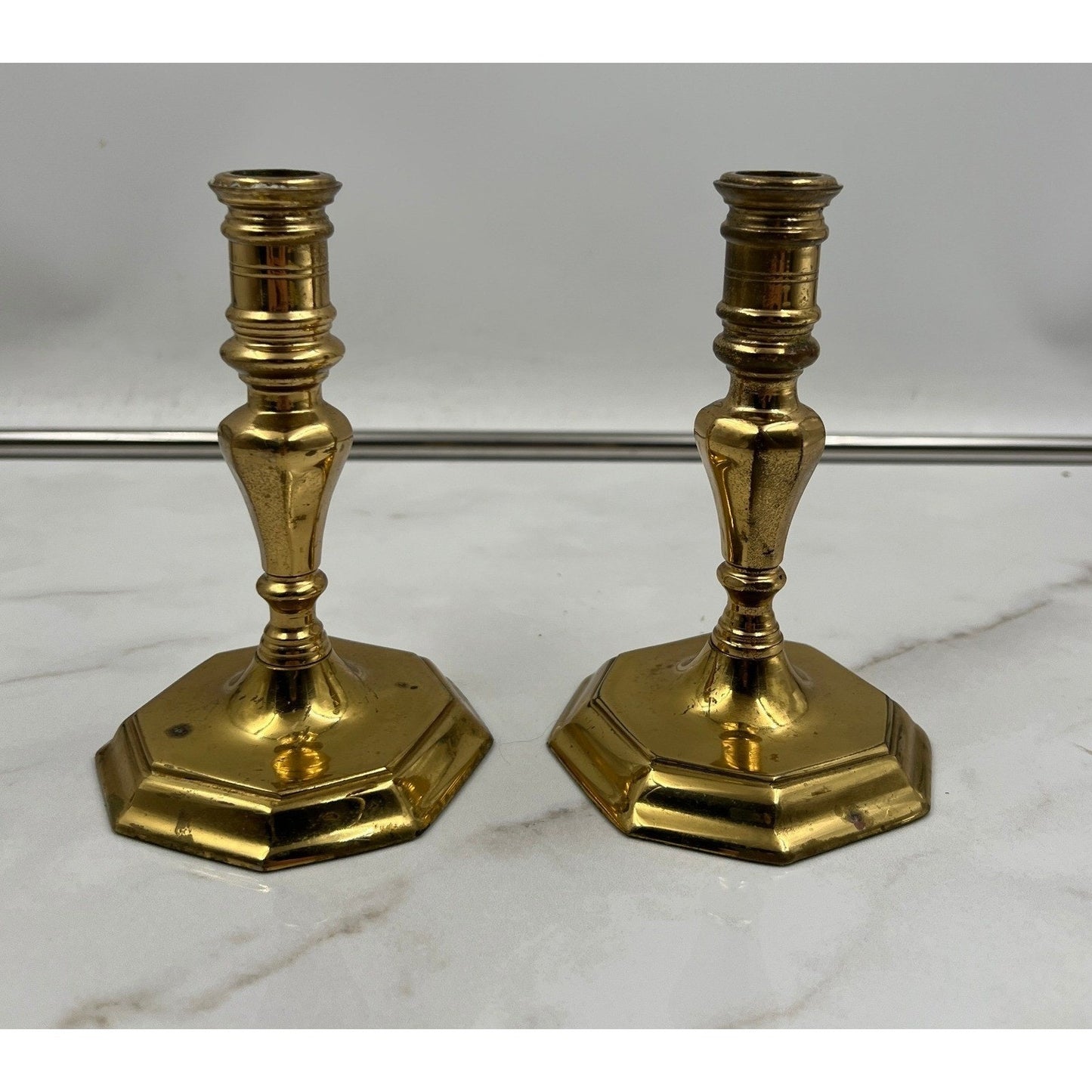 VTG Brass Candlesticks Holders Turned Hexagonal Base Set of 2