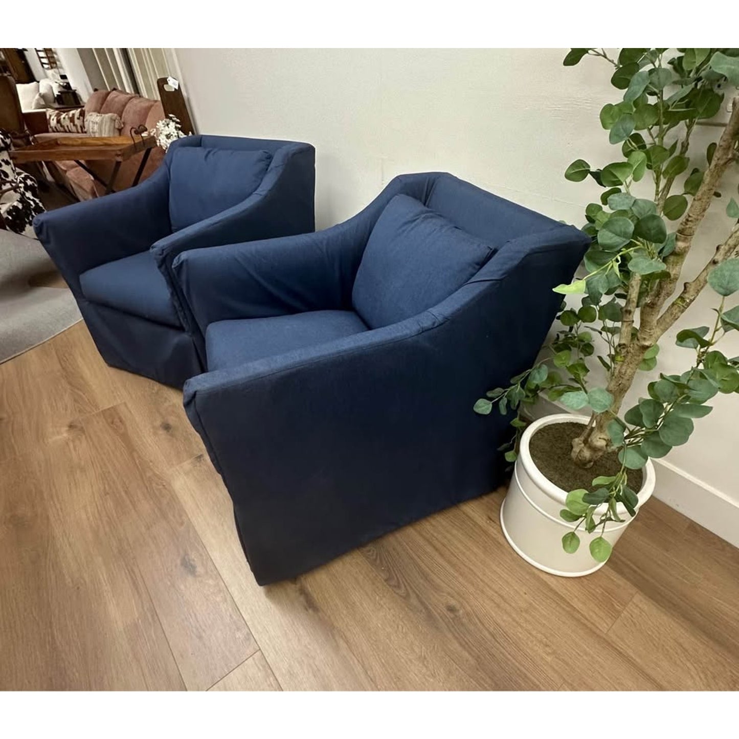 Indoor Outdoor Lounge Arm Chair Navy Blue Slipcover Swivel Set of 2