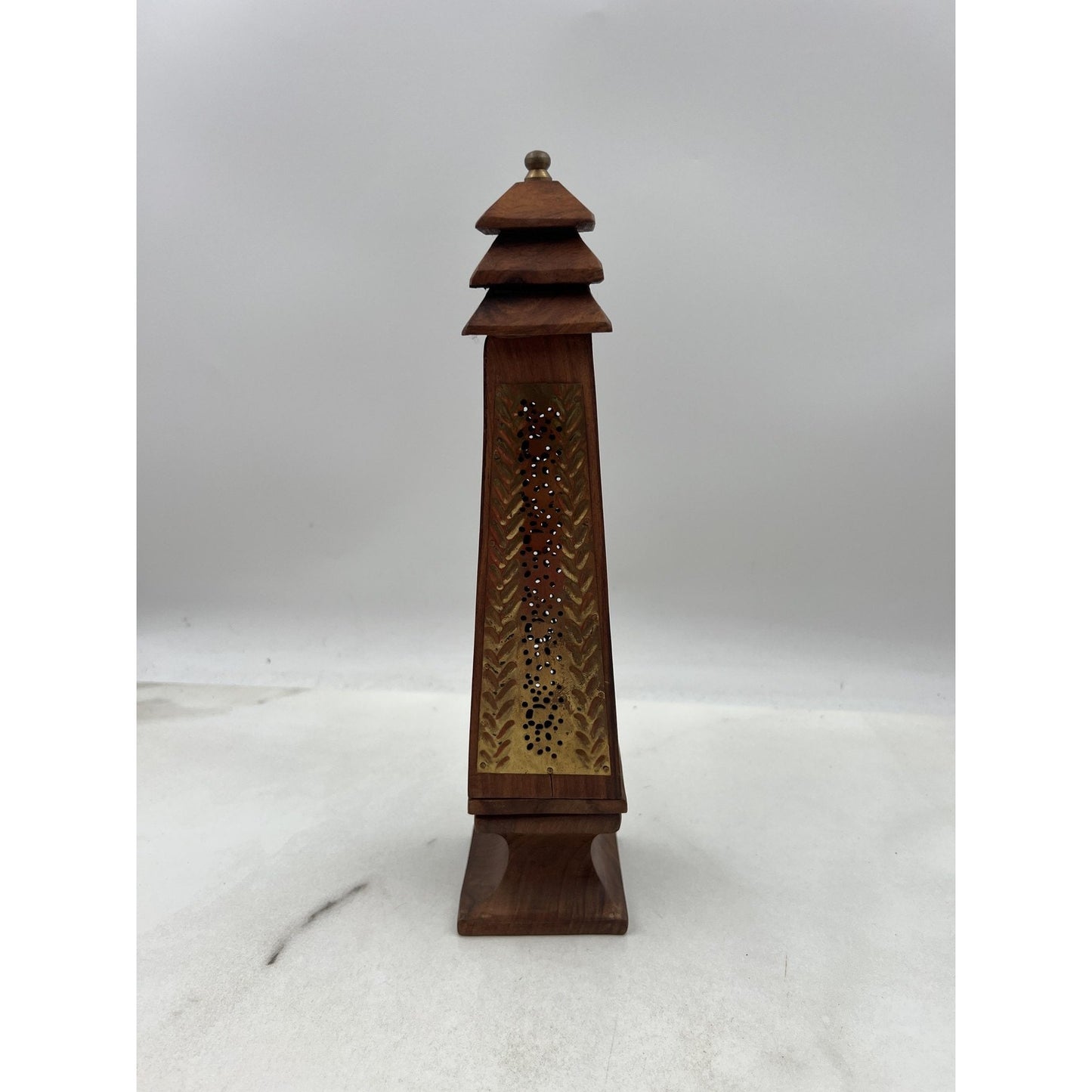 Handcarved Wood Tower Incense Burner Pagoda Brass Panel Cone Holder Decor