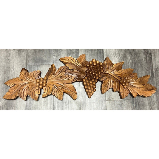 Vintage Hand Carved Wood Grapes Leaf Wall Art Plaque Large 34 Inch Decorative