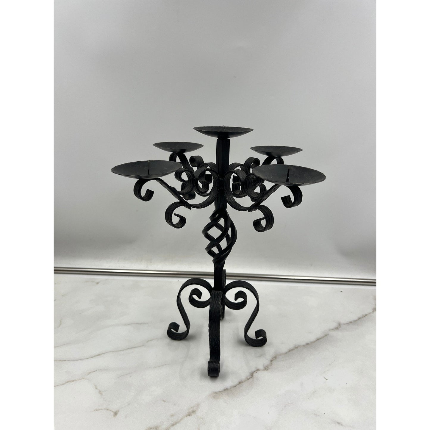 Vintage Wrought Iron 5 Light Candelabra Black Scroll Gothic Candle Holder 12in