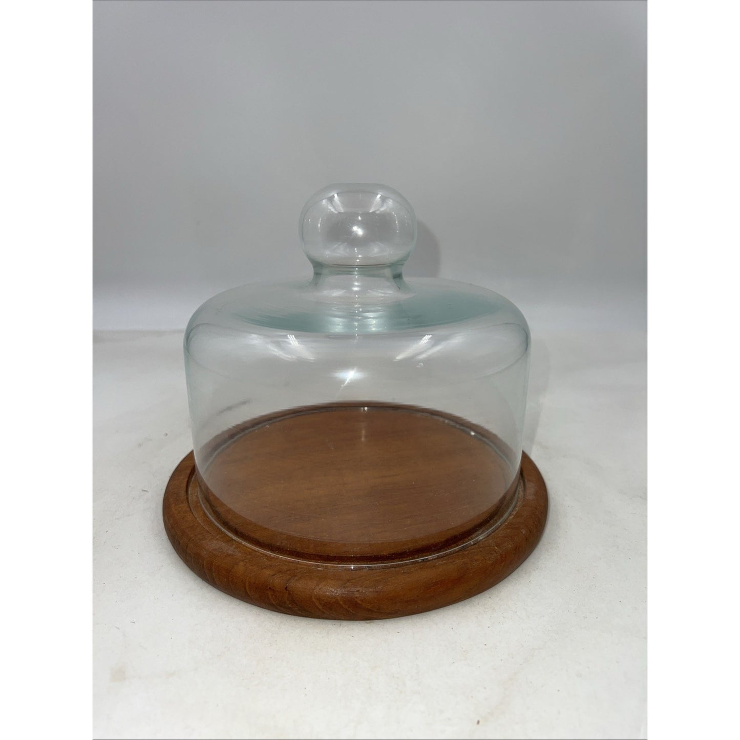 VTG Dolphin Teakwood Cheese Tray Dome Cloche Covered Glass Serving Dish