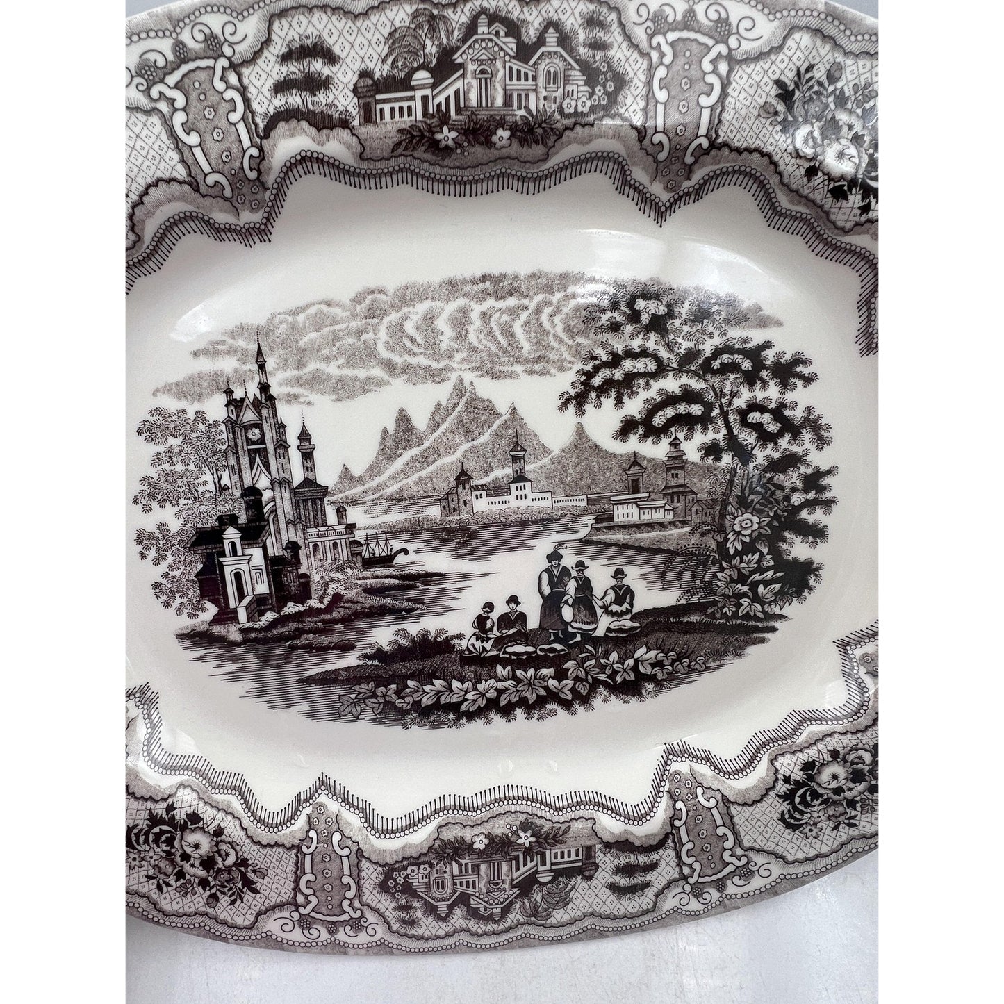 Two's Company Victorian Toile Oval Ceramic Platter Brown 18" Large China Decor