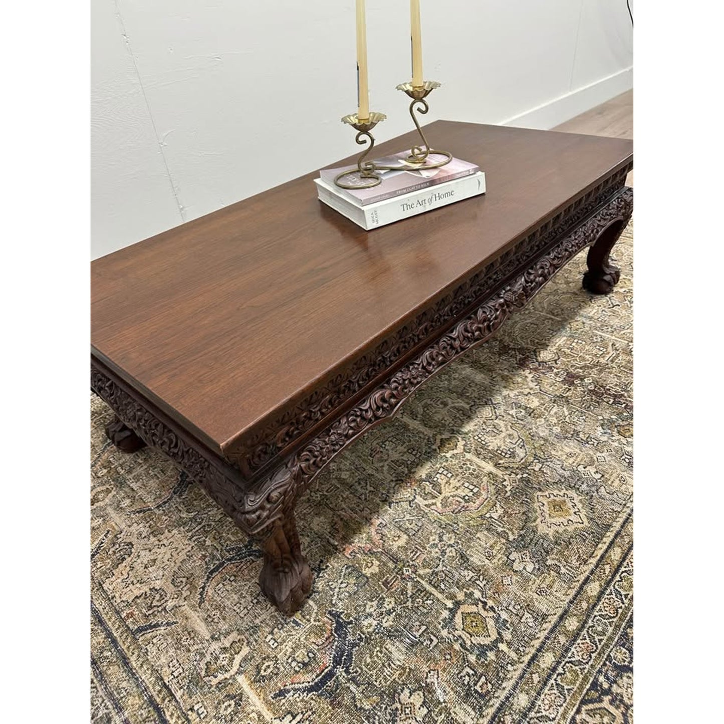 Antique Mahogany Coffee Table Chinese Asian Burmese Anglo-Indian Hand Carved Wood Ball Claw Feet