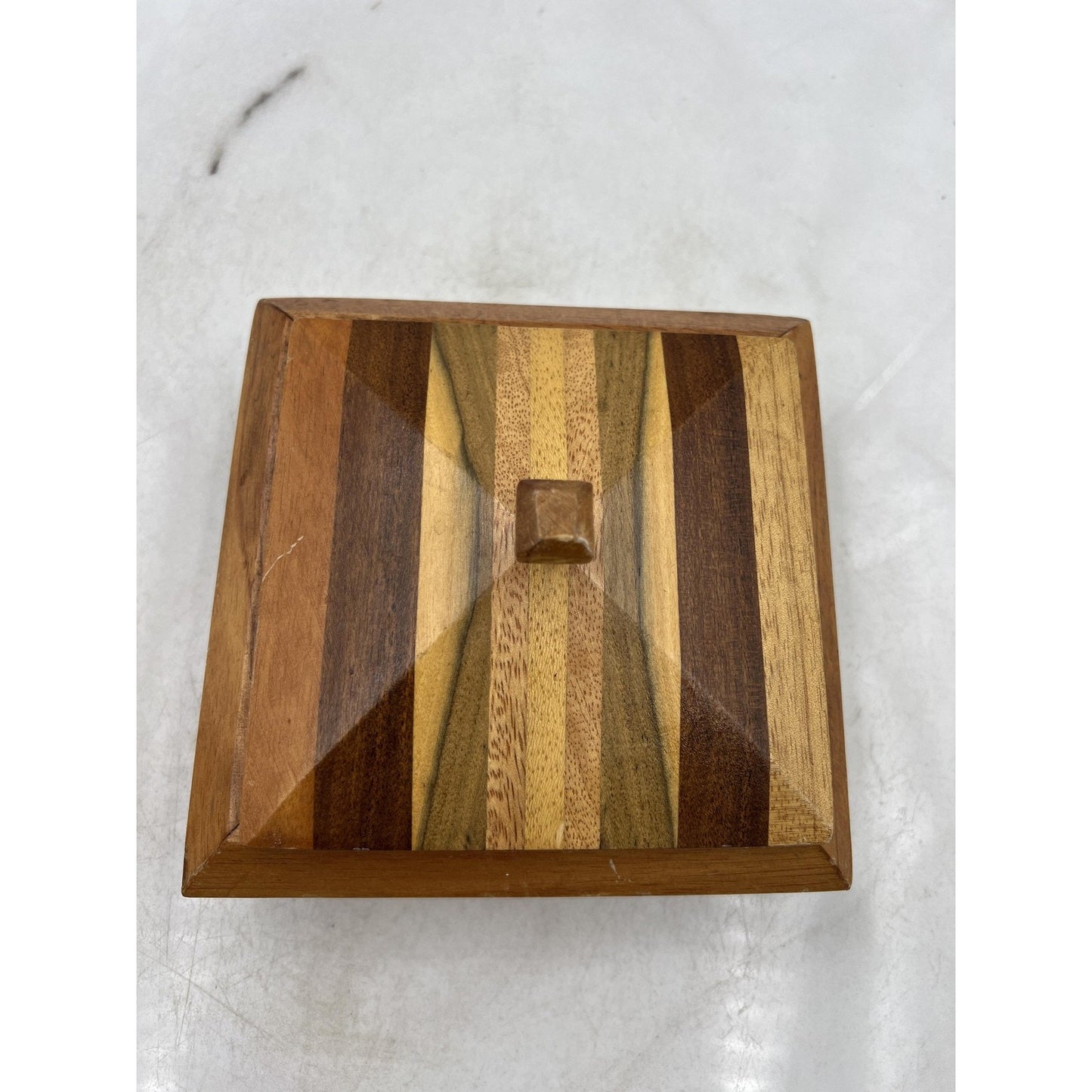 Vintage Handmade Striped Wood Jewelry Box Velvet Lined Lid Geometric Square 6"