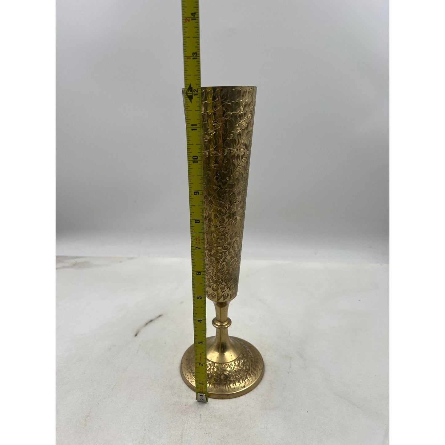Vintage Brass Bud Vase Etched Floral Trumpet Pedestal Base India