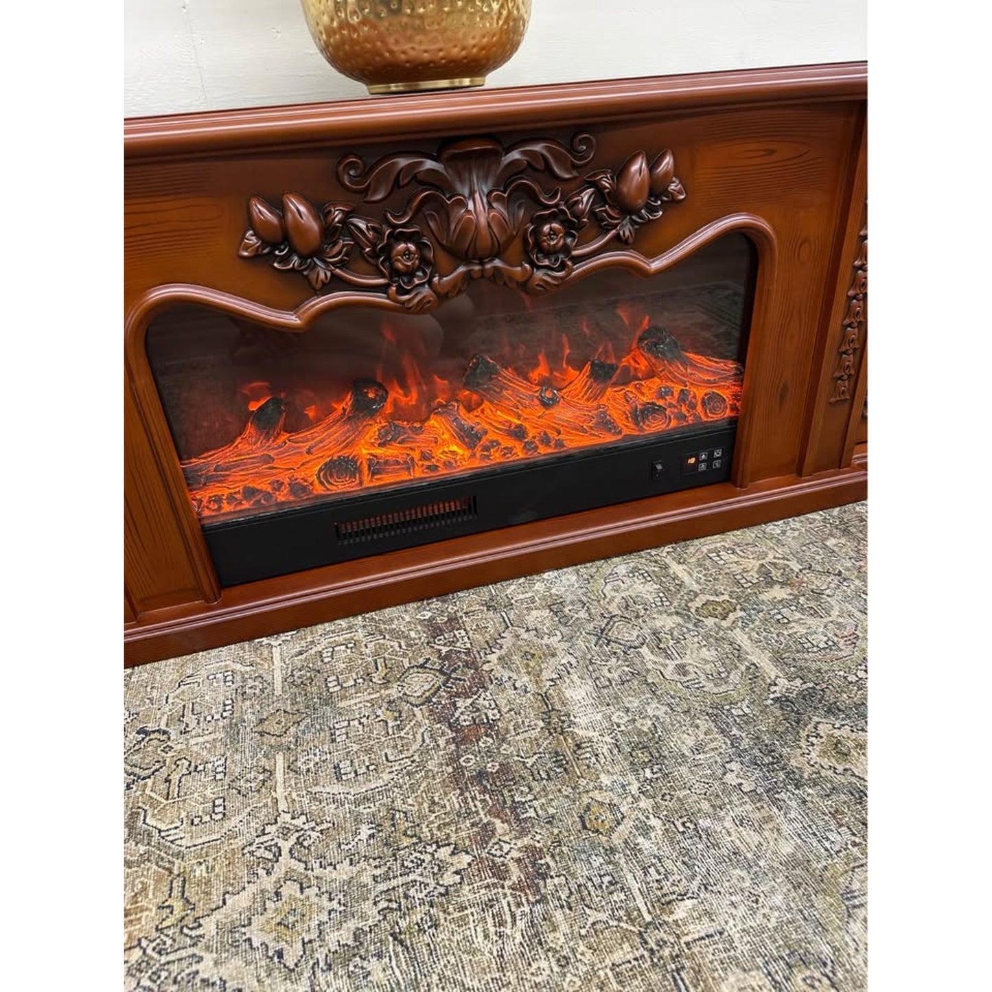 Carved Electronic Fireplace TV Storage Cabinet By Bkoksety Cherry Wood Look NEW