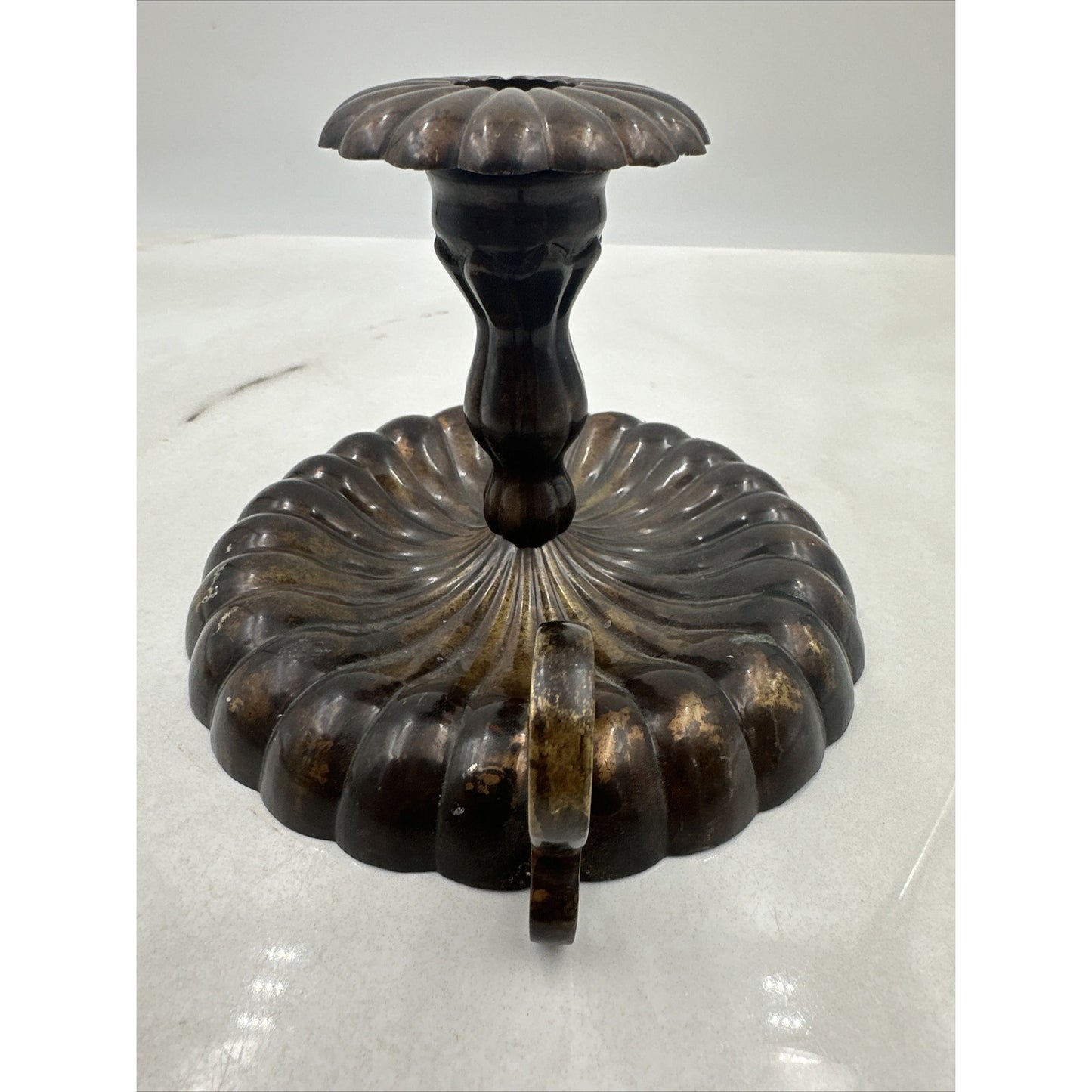 Vtg Brass Candle Holder Finger Loop Handle Scallop Ribbed Mid Century 5” India