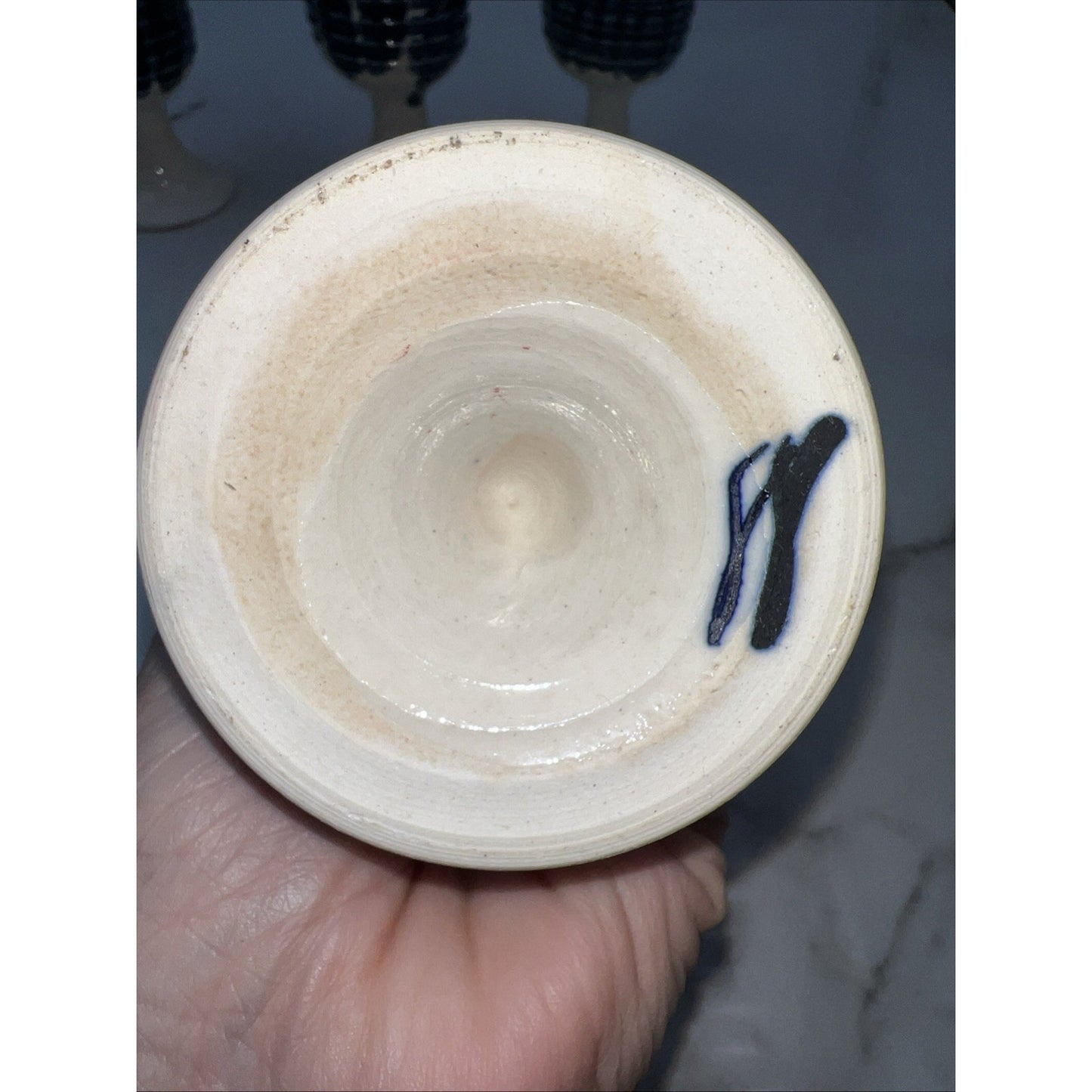 VTG Studio Pottery Goblets Glasses Hand Made Blue White Stoneware Set of 4 Signe