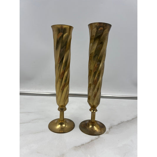 Vintage Solid Brass Spiral Twist Bud Vases Pair Made in India 8.5 Inch Gold