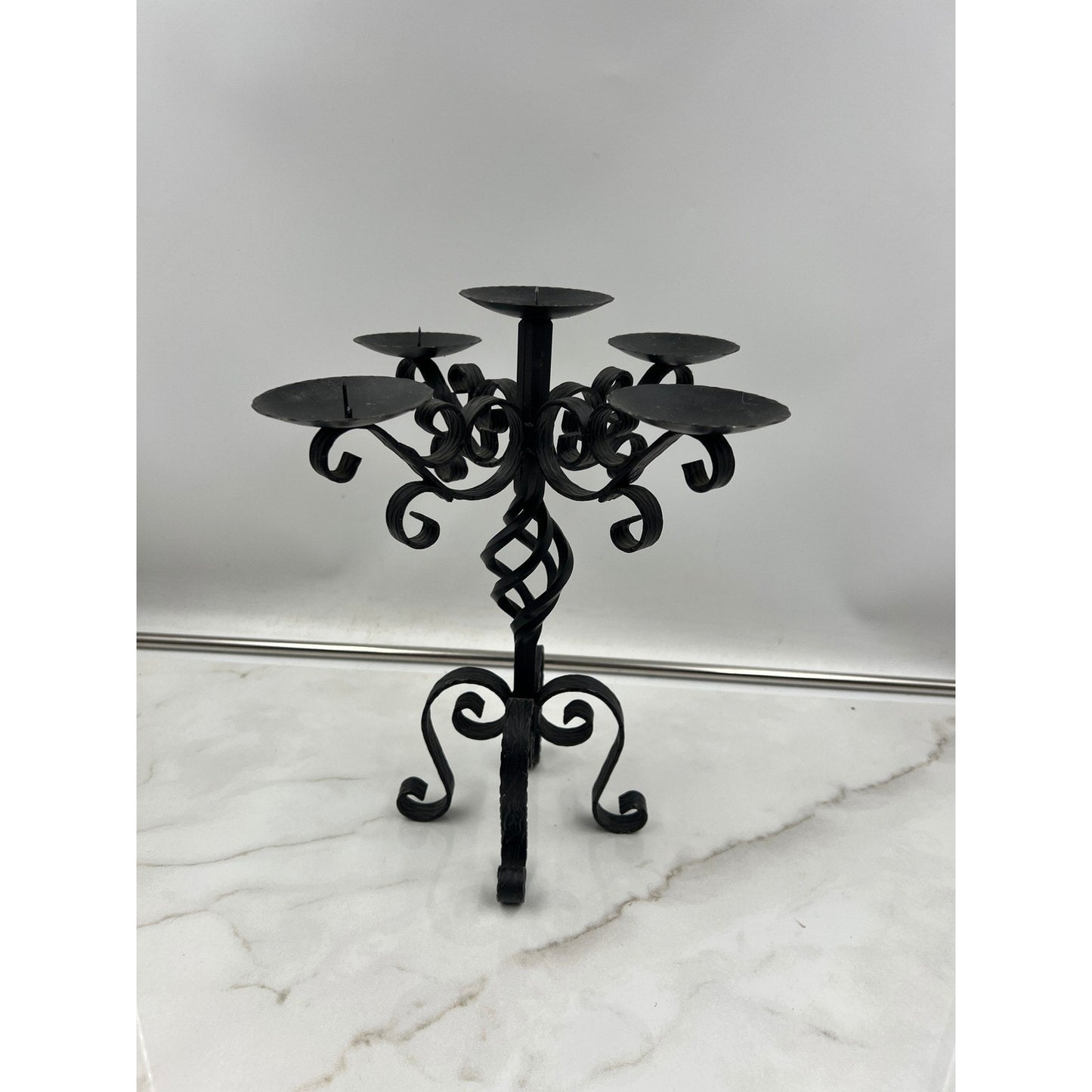 Vintage Wrought Iron 5 Light Candelabra Black Scroll Gothic Candle Holder 12in
