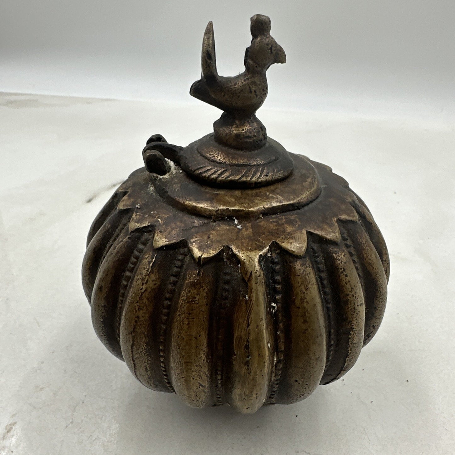 Antique Ink Well Indian Cast Bronze Mughal Footed w/ Peacock Lid & Fluted Sides