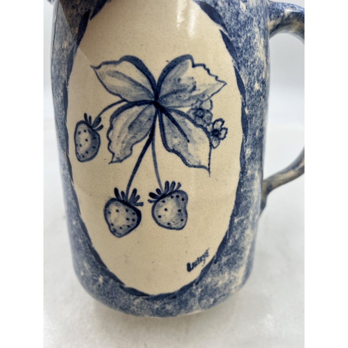 Vintage Gruene Pottery Pitcher 7" Spongeware Hand Painted Strawberries Texas USA