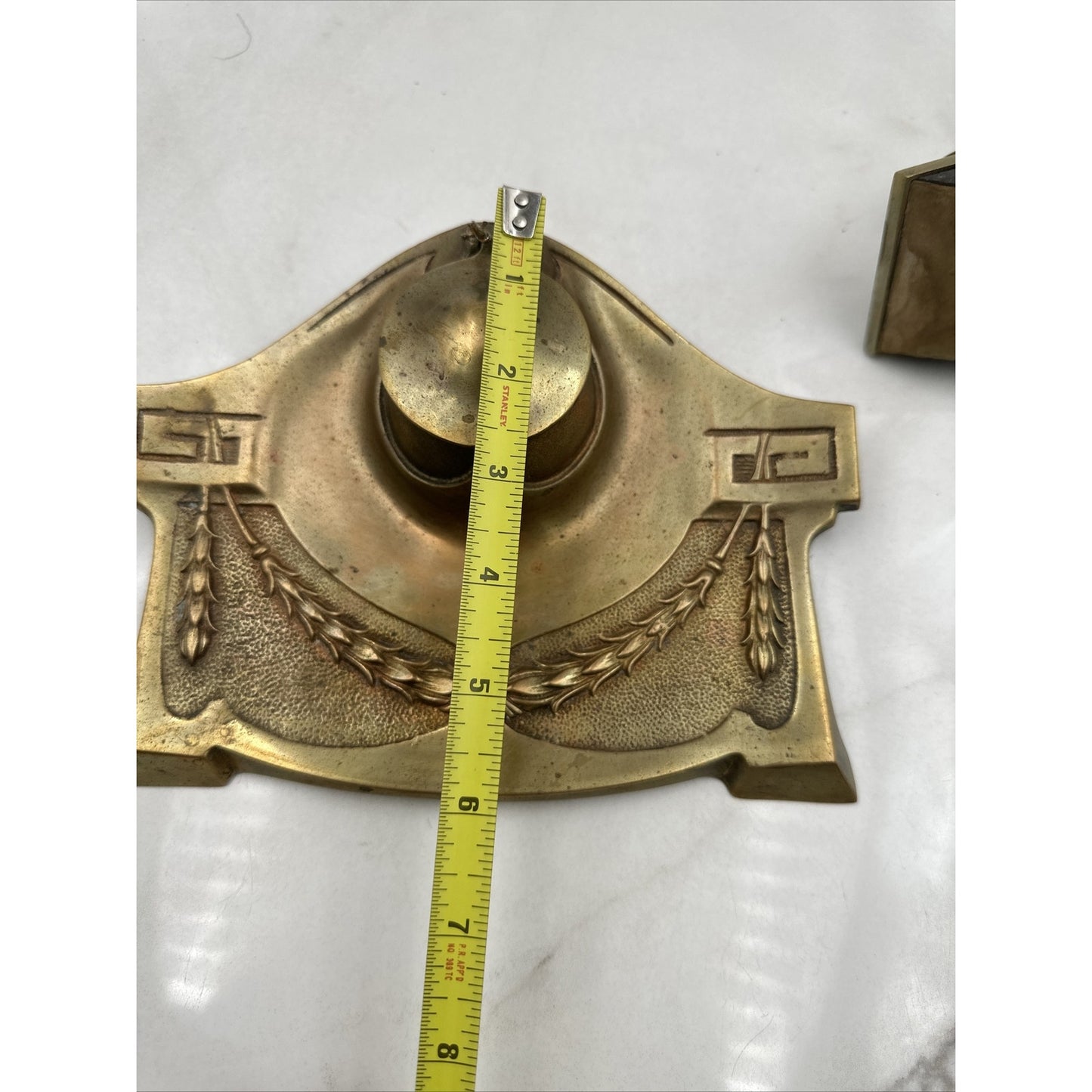 Antique Brass Double Inkwell and Stamp Stamper Art Nouveau Wheat Office Desk