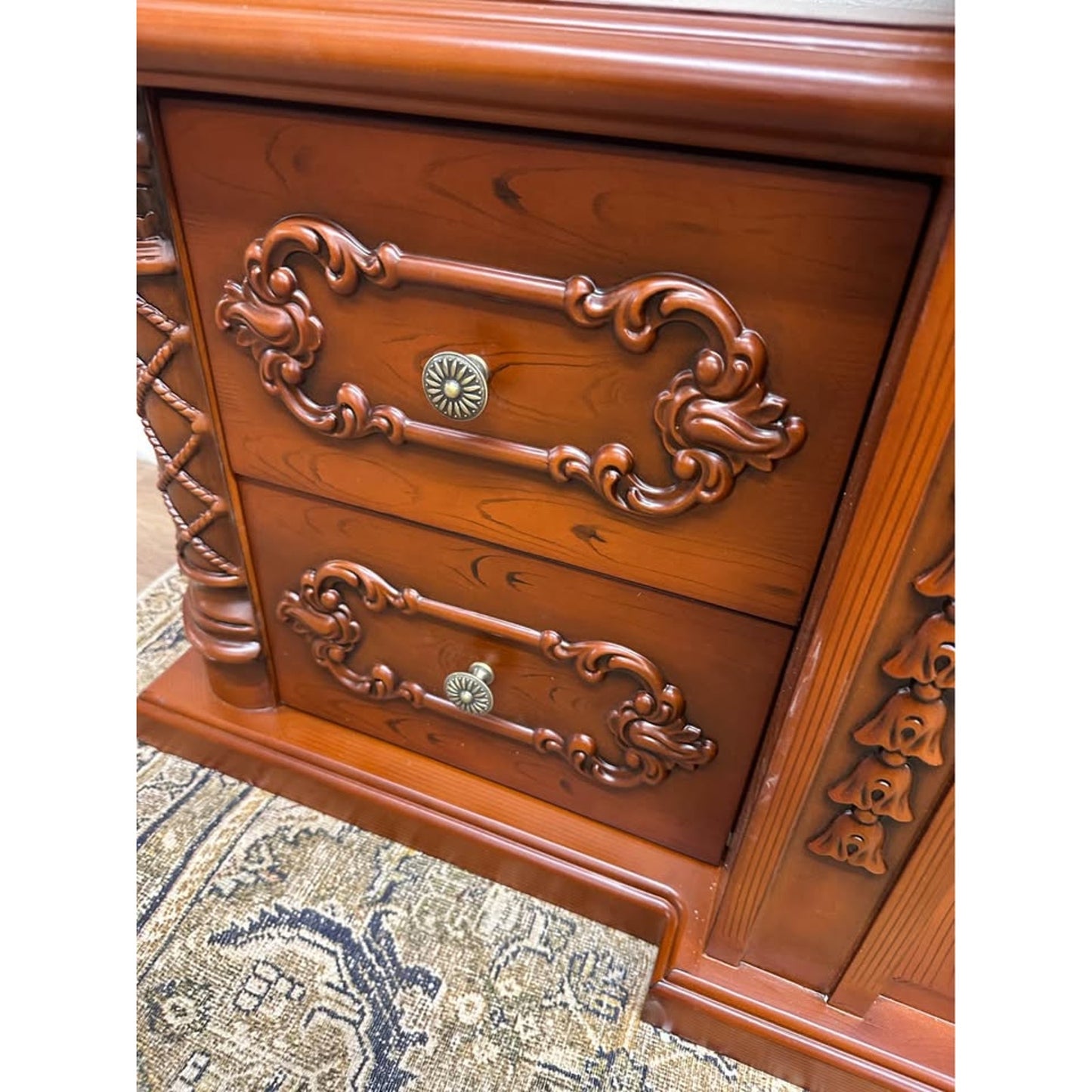 Carved Electronic Fireplace TV Storage Cabinet By Bkoksety Cherry Wood Look NEW
