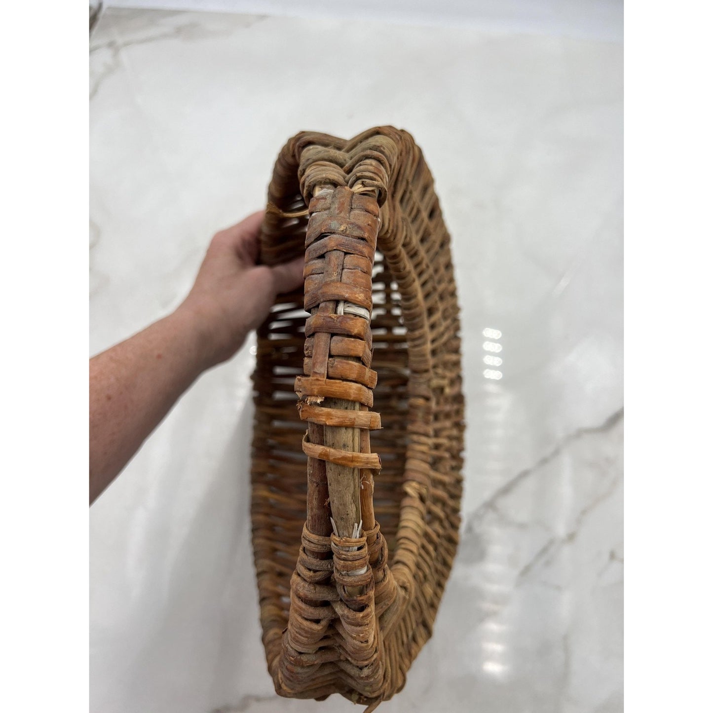 Vintage Handwoven Wicker Basket Round Boho Rustic Purse Bag 12x12x5 Storage