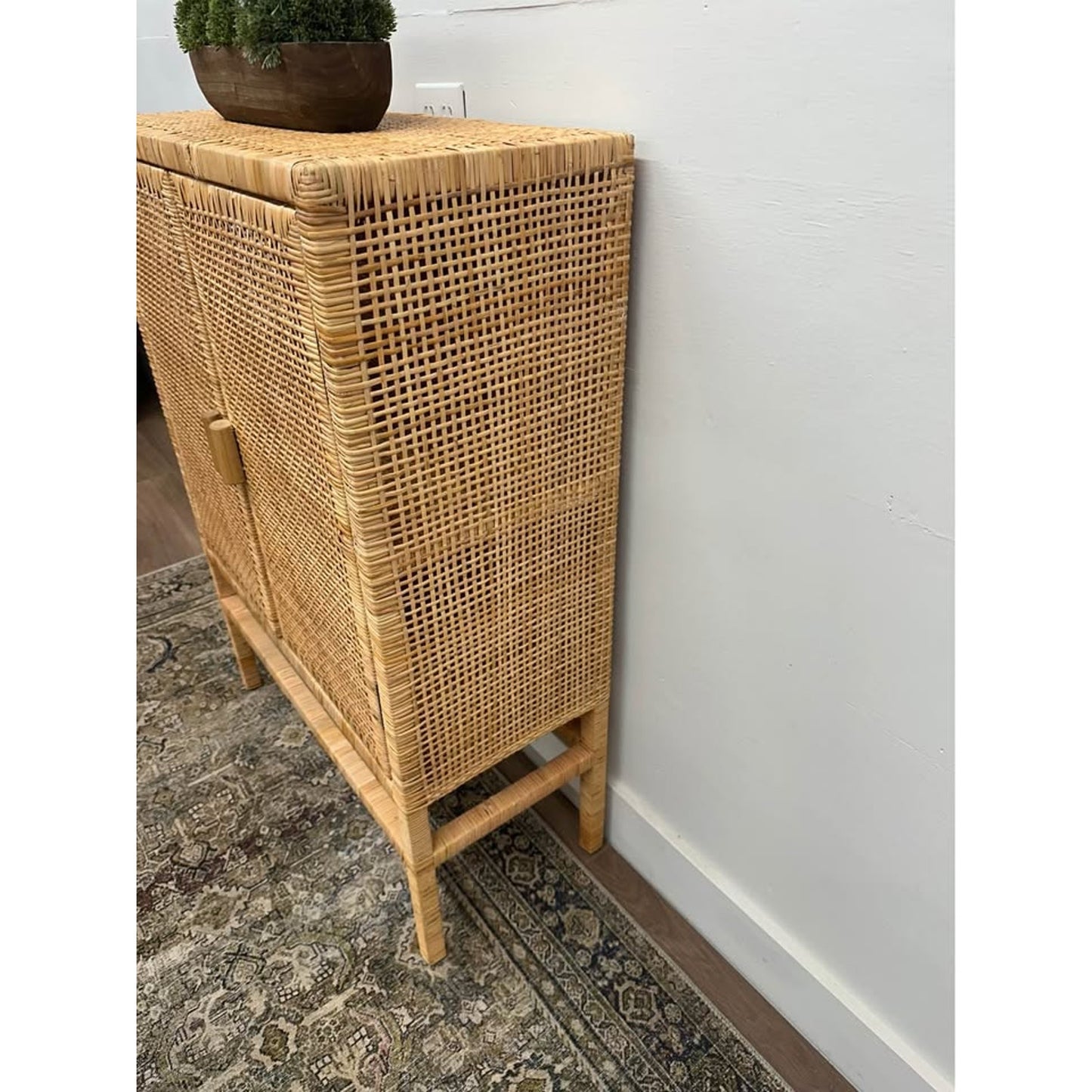 Natural Rattan Storage Cabinet - 3-Tier Handwoven Wicker Accent Cabinet Double Doors Elevated Base