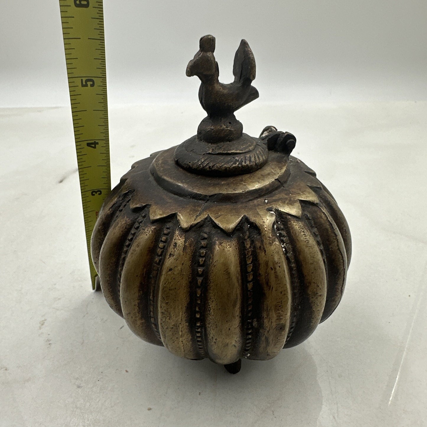 Antique Ink Well Indian Cast Bronze Mughal Footed w/ Peacock Lid & Fluted Sides