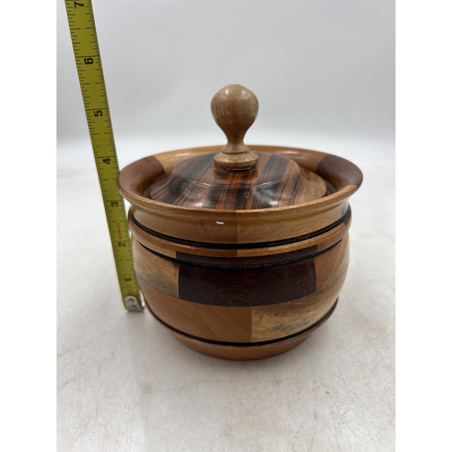 Handmade Wood Lidded Trinket Box Container Multi-Tone Carved Decorative Storage