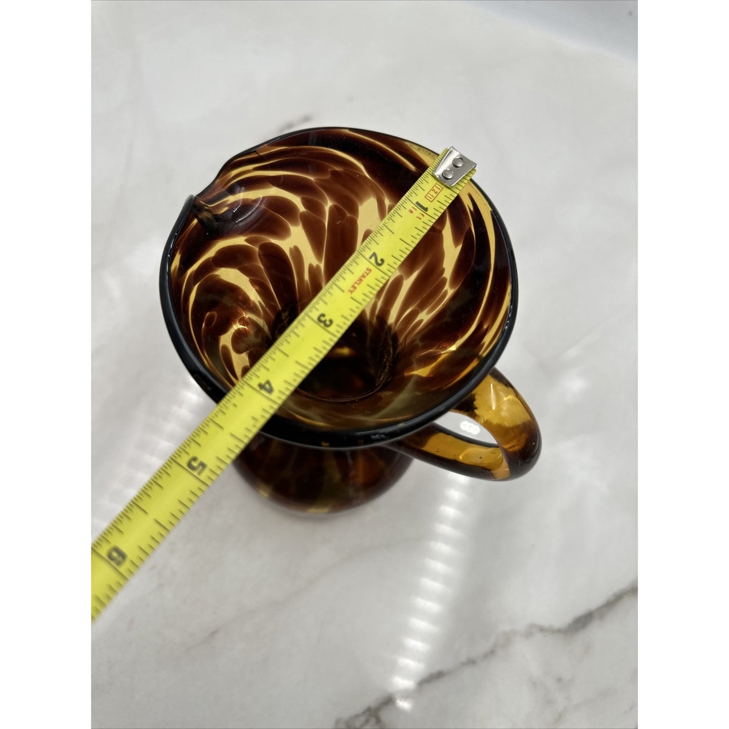 VTG Art Glass Pitcher Tortoise Amber Brown Swirl Water Applied Handle 9"