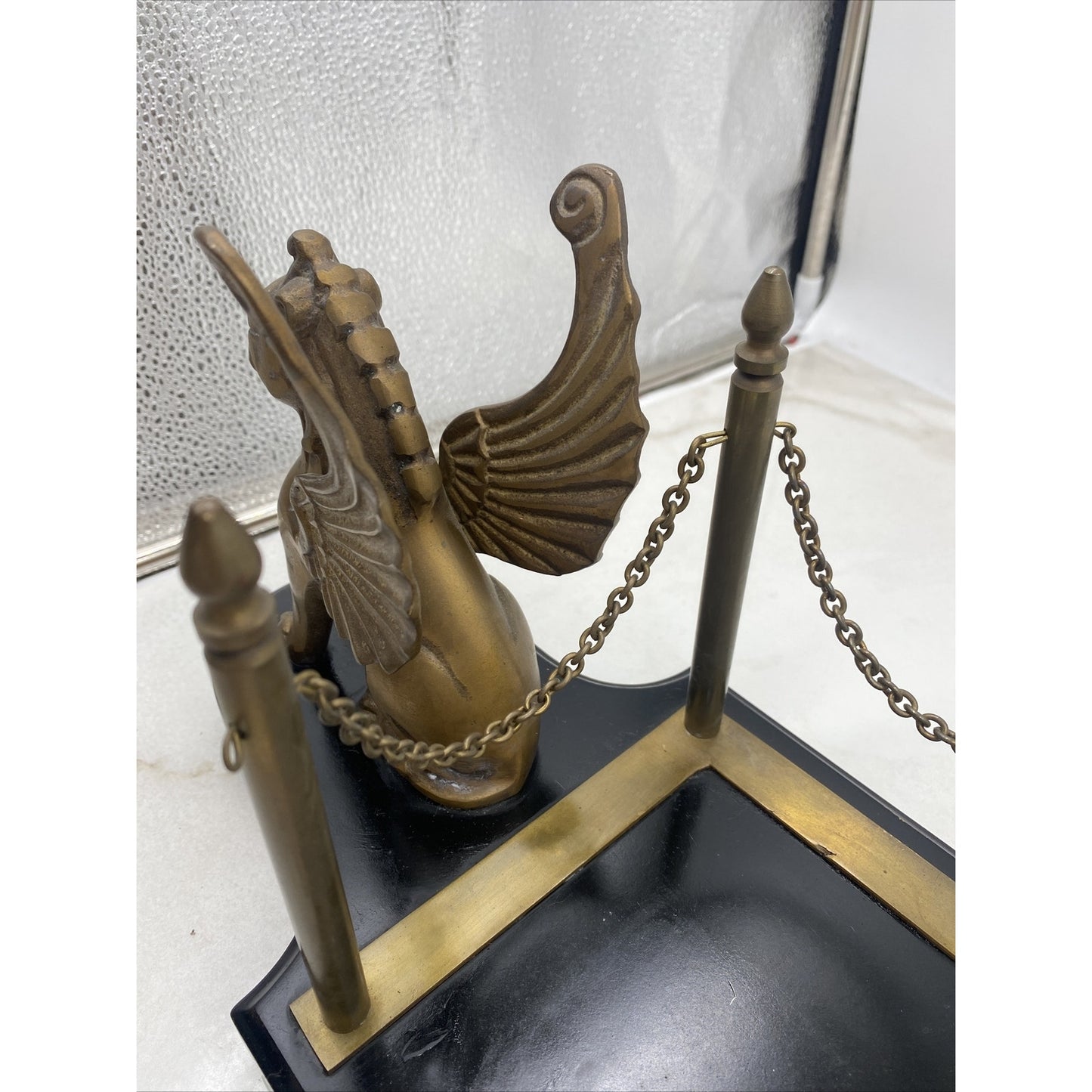 VTG Egyptian Brass Desk Book Holder Griffins Decanter Holder Stand Barware MCM