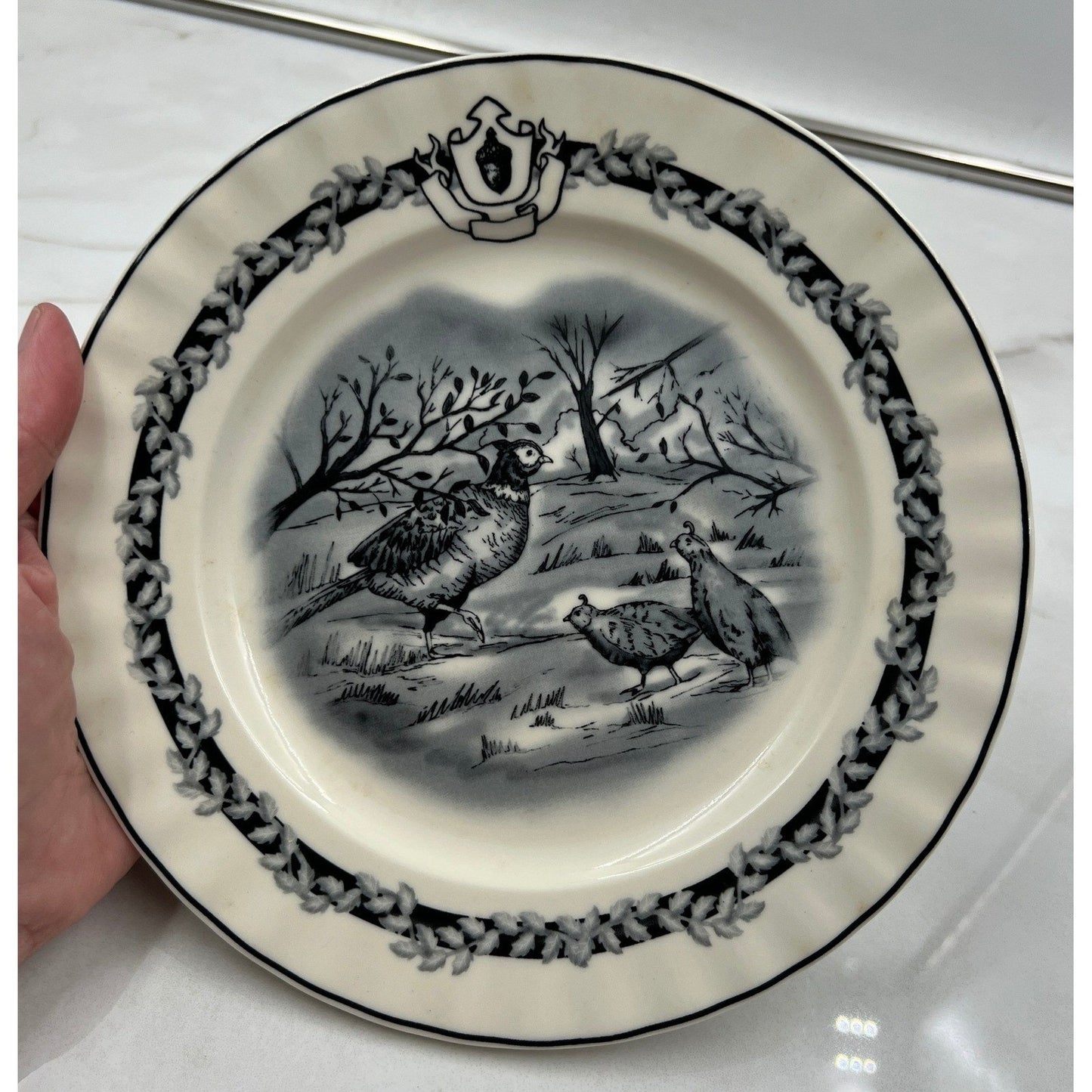 Mary Carol Home Collection Pheasant Quail Plate Black White Scalloped 8"