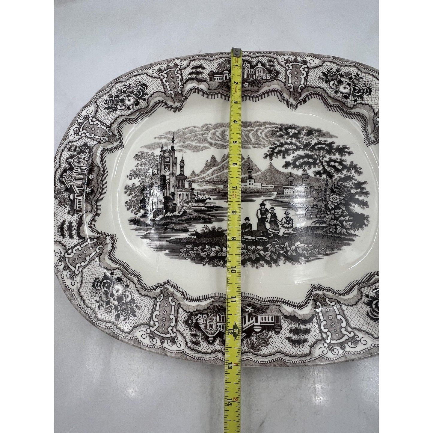 Two's Company Victorian Toile Oval Ceramic Platter Brown 18" Large China Decor