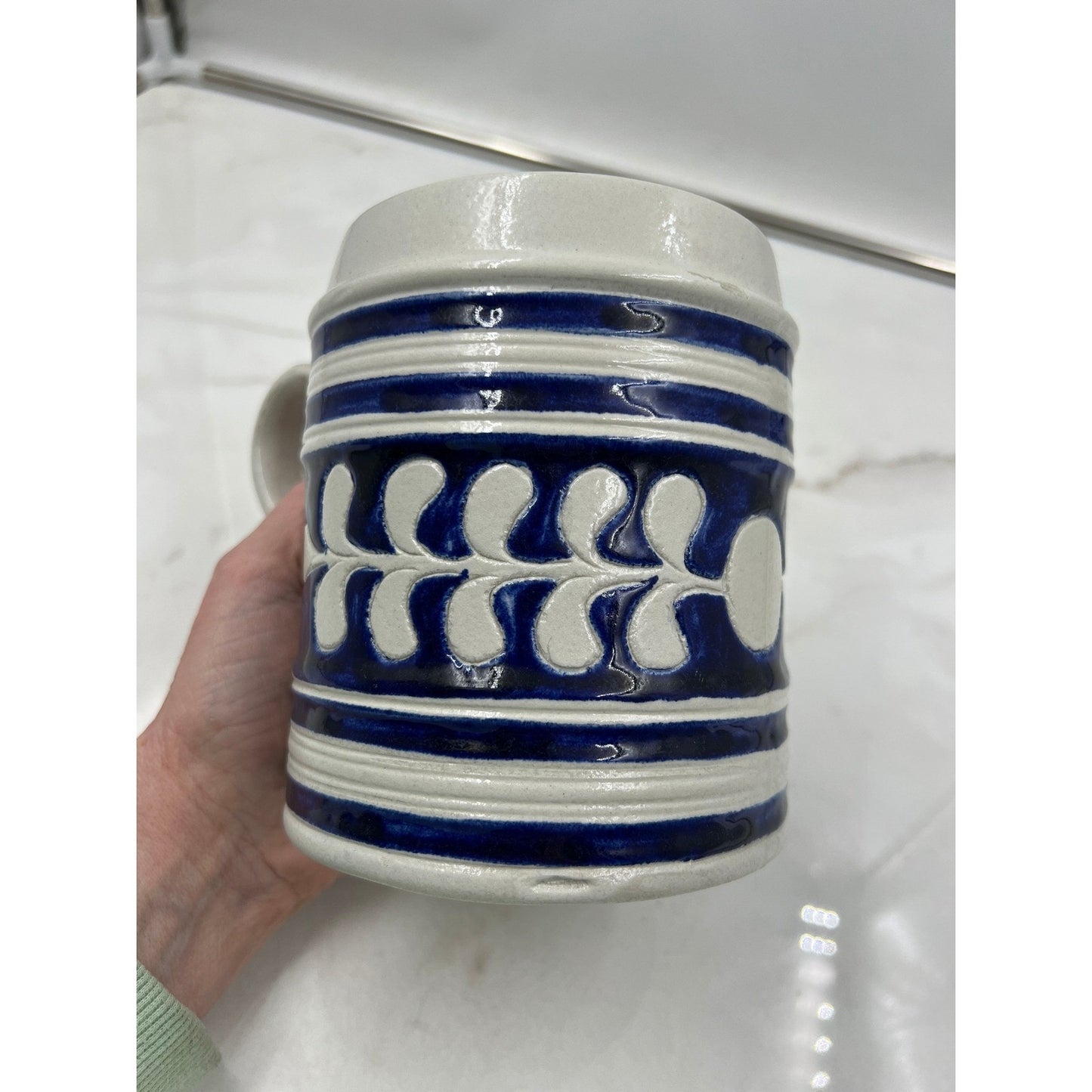 Vintage Salt Glazed Stoneware Beer Stein Cobalt Blue Leaf Pattern Souvenir Mug