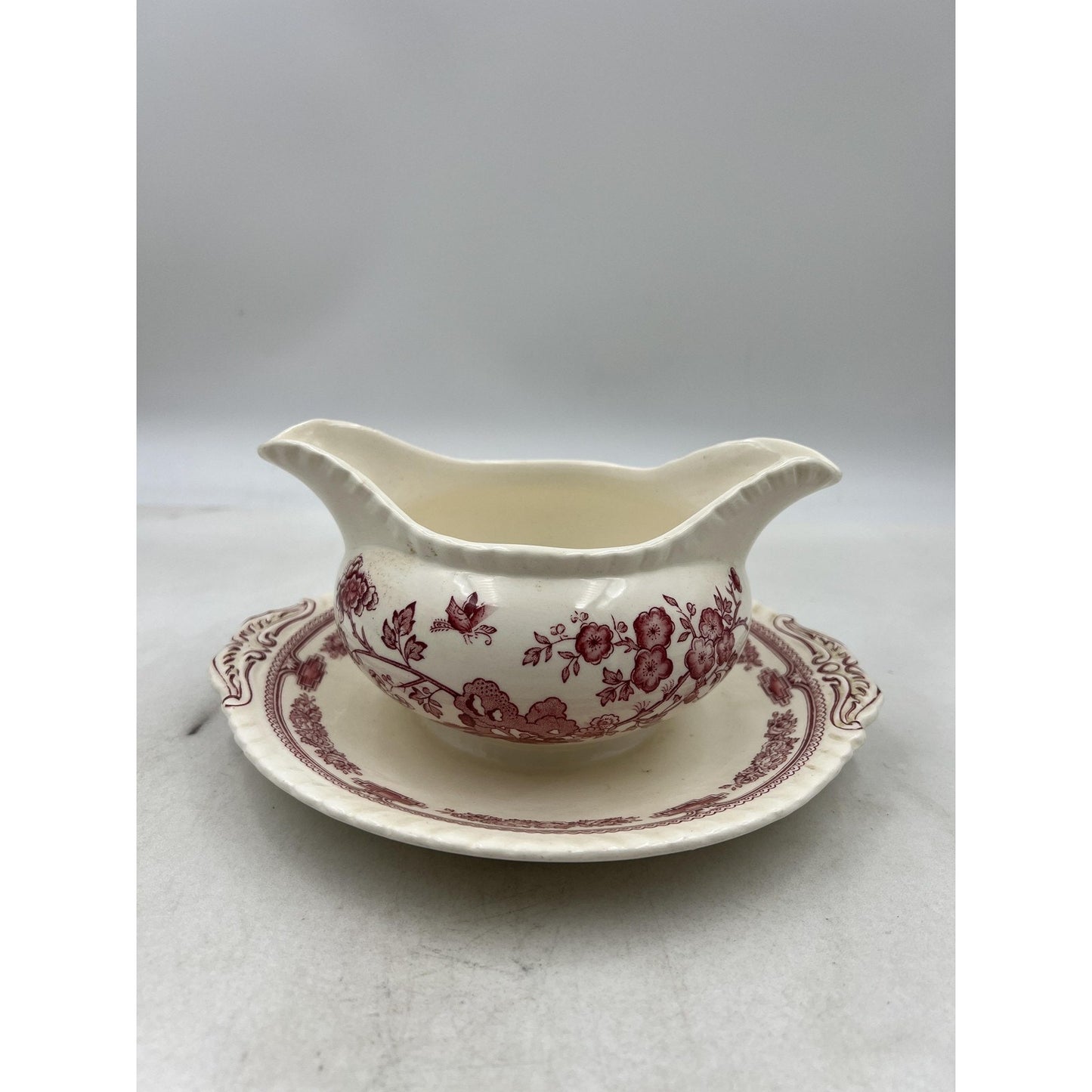 Vintage Mason's Manchu Ironstone Gravy Boat Saucer Red Floral England 9" Ceramic