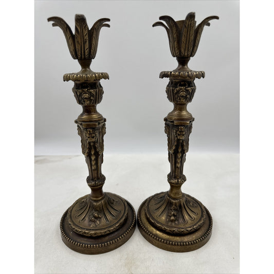 Vintage Brass Castilian Candle Holders Solid 12'' Lion Heads Set of 2