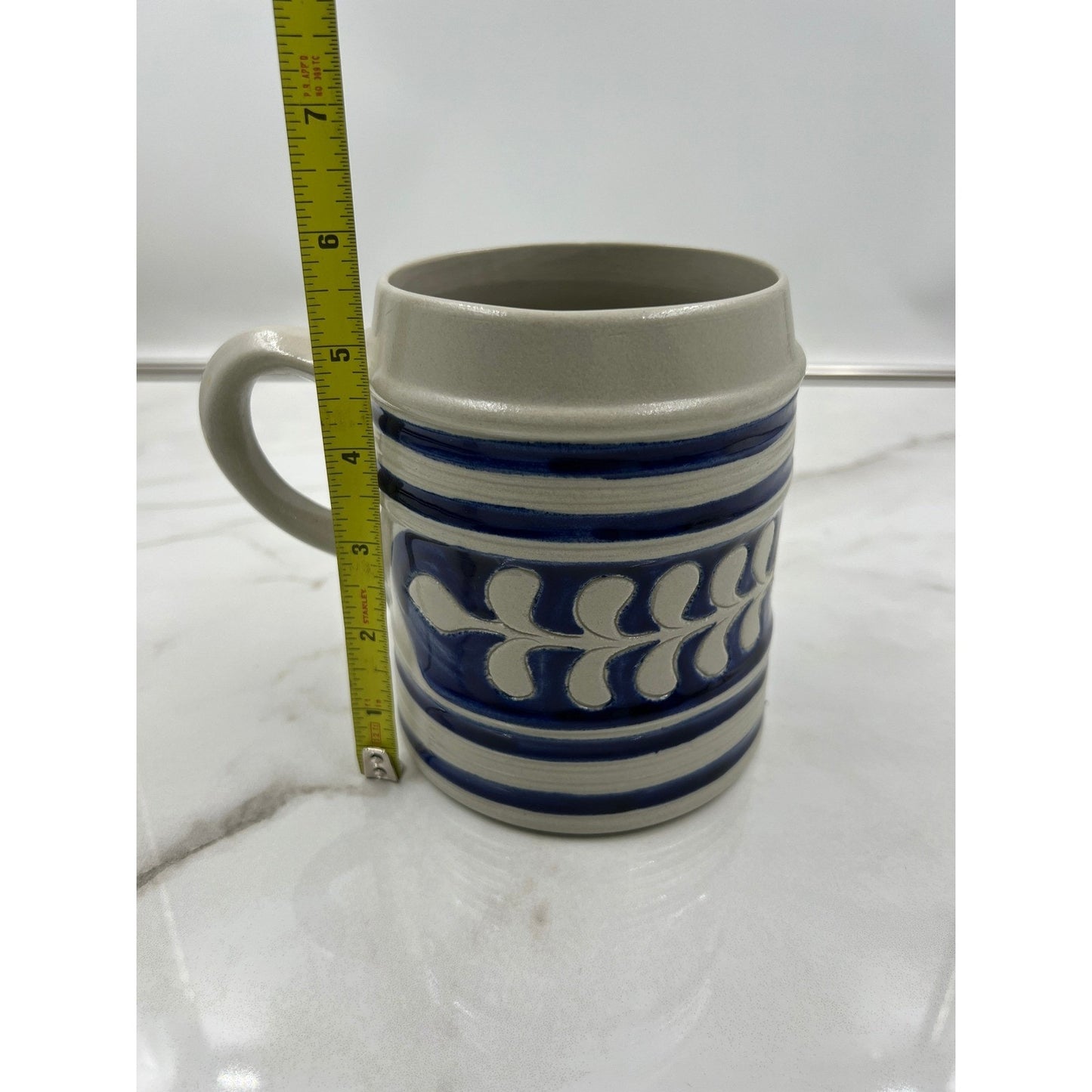 Vintage Salt Glaze Stoneware Beer Stein Cobalt Blue Leaf Pattern Ceramic Mug 5in