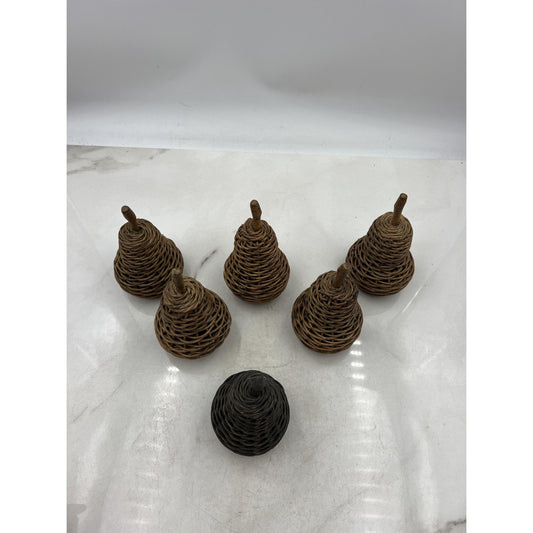 Vintage Wicker Pear Figurines Set of 6 Handwoven Rustic Fruit Basket Decor Brown