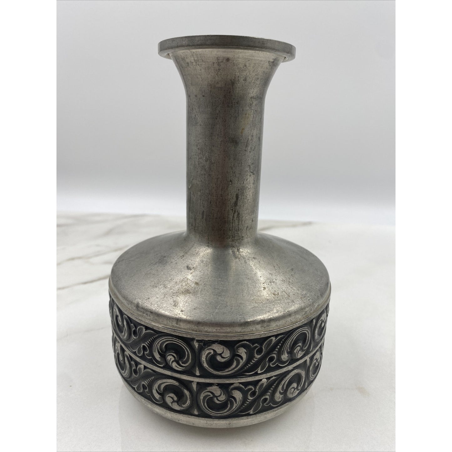 VTG Norsk Tinn Pewter Vase Bud Vase Vaga Etched Norwegian 7.5" Tall