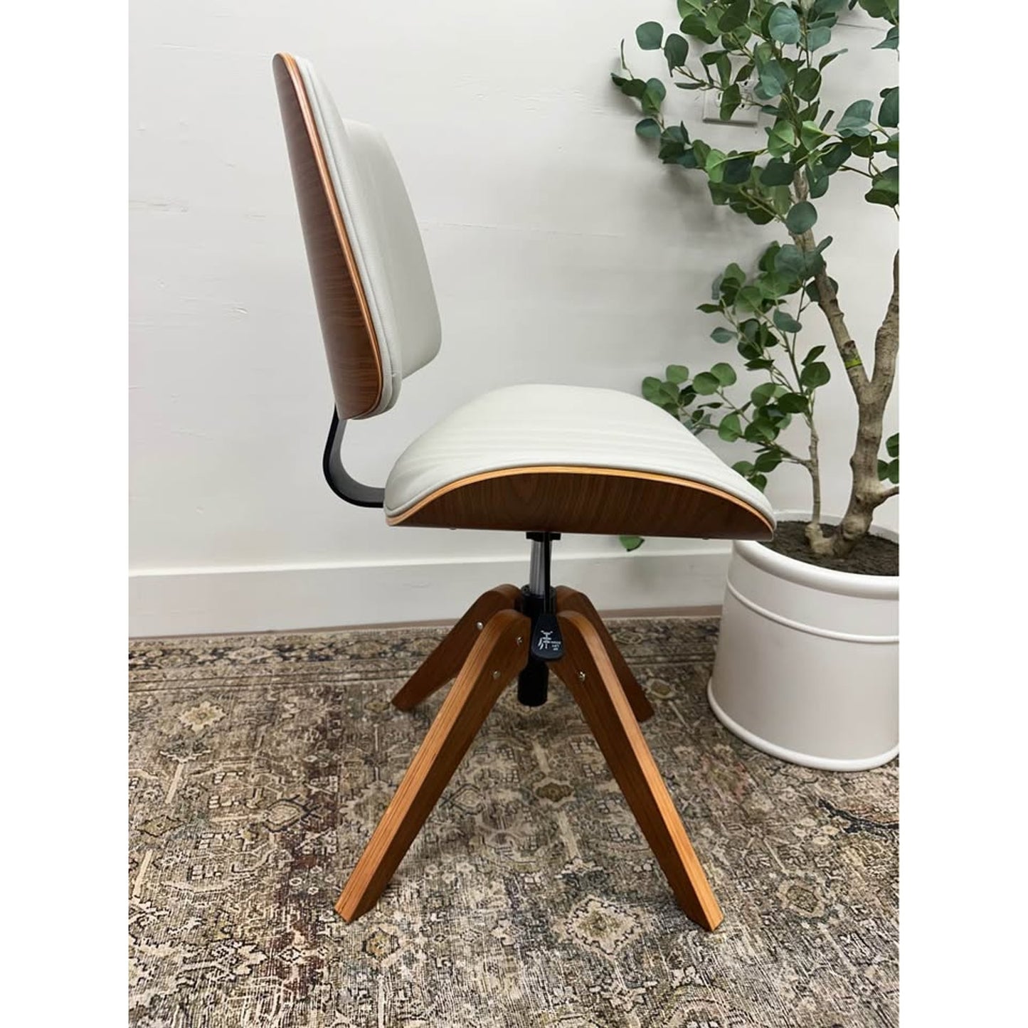 Will Office Chair Wood Base MCM Style Ivory Leather Upholstered Seat