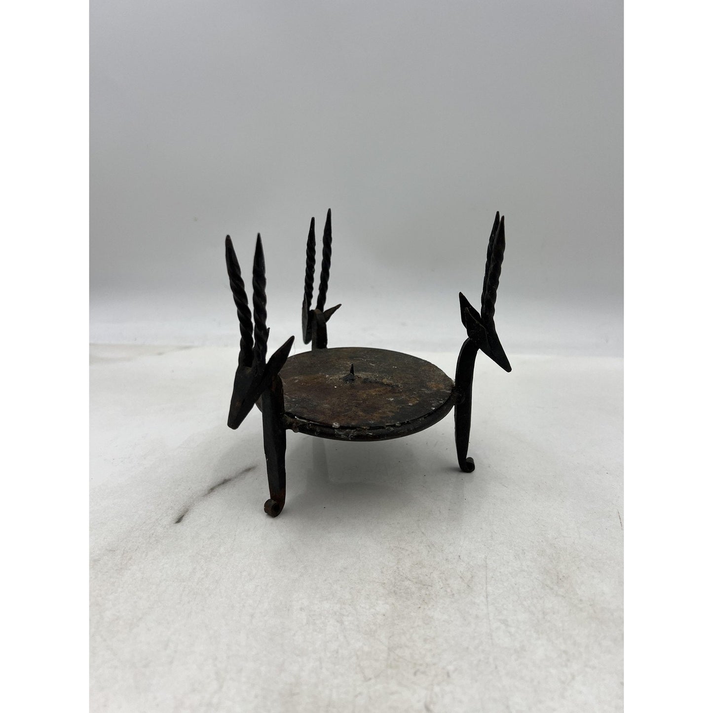 Hand Forged Wrought Iron Antelope Gazelle Heads Tripod Candle Holder Spike