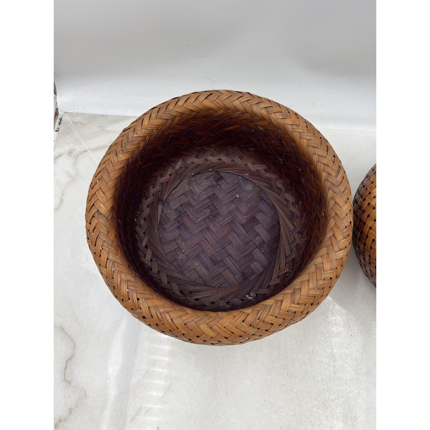 Handwoven Rattan Bamboo Wicker Basket Bowl Set Pair Nesting Boho Decor Round