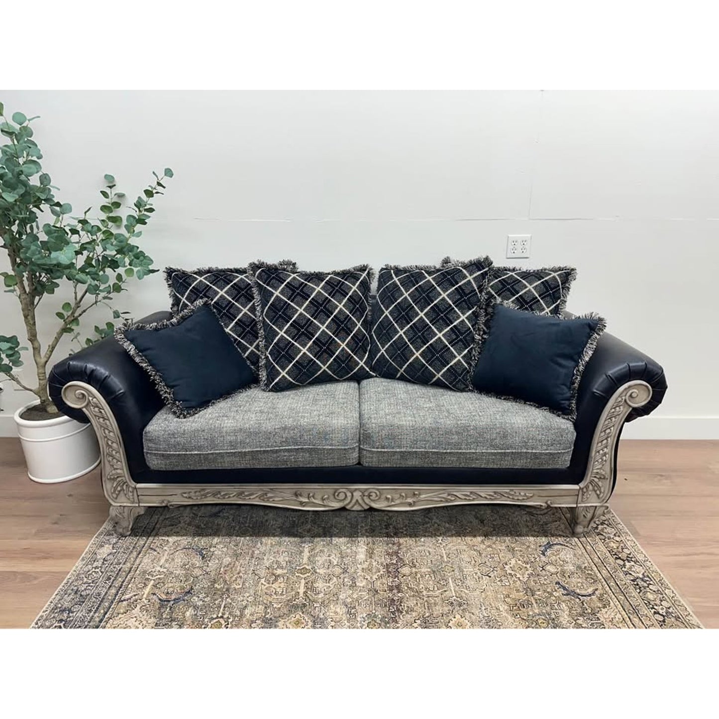 Bernardus Sofa Couch 2-Tone Fabric Wooden Frame Loveseat With Carved Wood Trim Black Gray