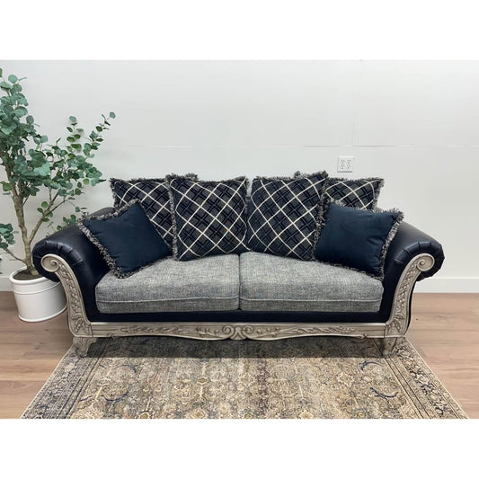 Bernardus Sofa Couch 2-Tone Fabric Wooden Frame Loveseat With Carved Wood Trim Black Gray