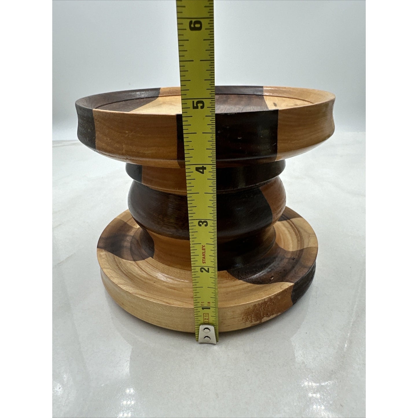 Vintage Wood Pillar Candle Holder Multi Toned Round -5" Tall- 6" Diameter