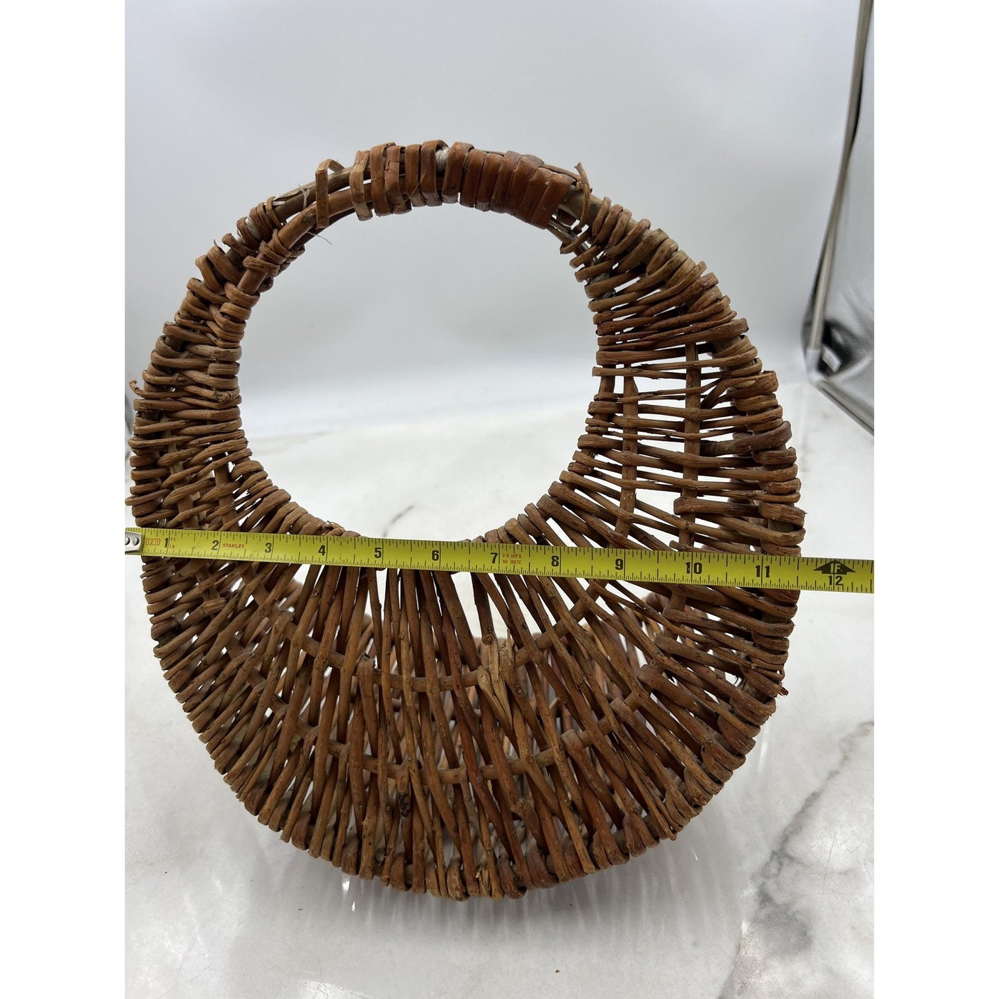 Vintage Handwoven Wicker Basket Round Boho Rustic Purse Bag 12x12x5 Storage