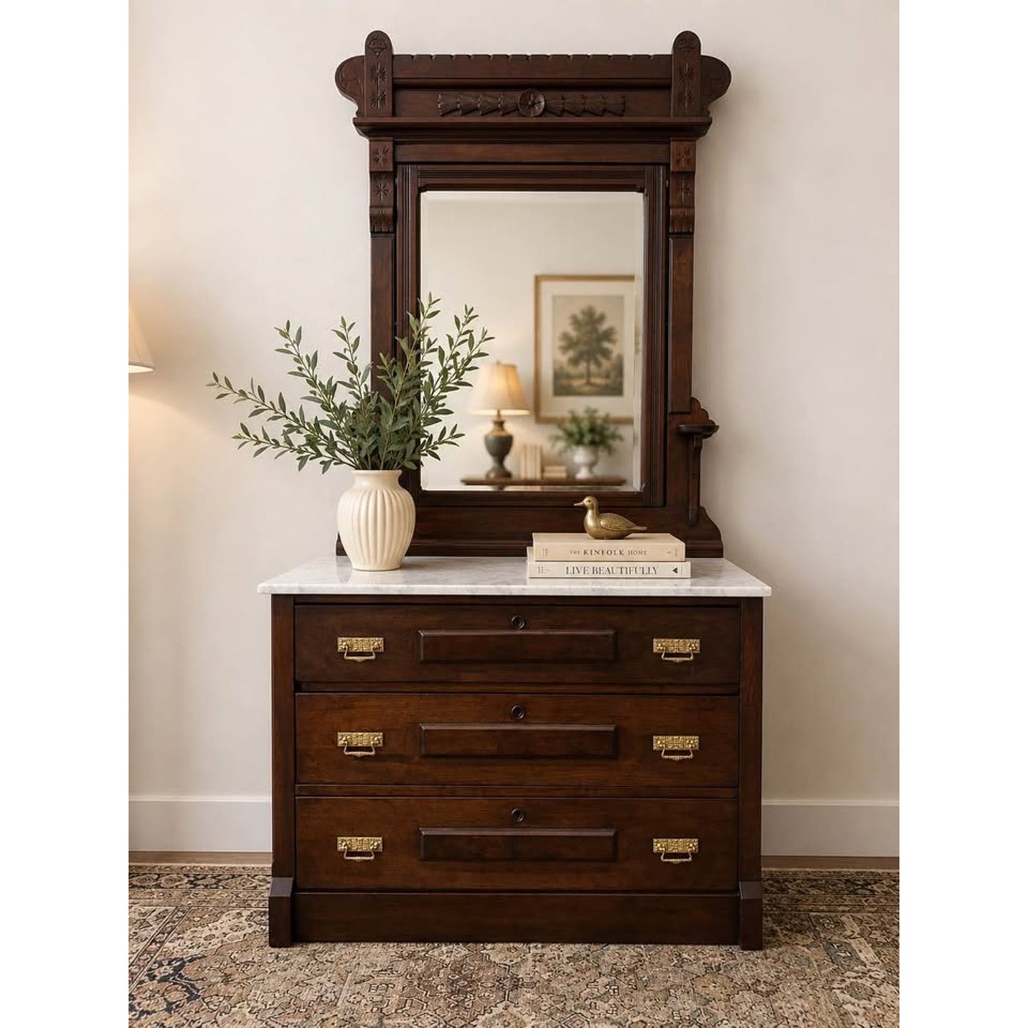 Victorian Eastlake Antique Walnut Chest or Dresser Marble Top Mirror